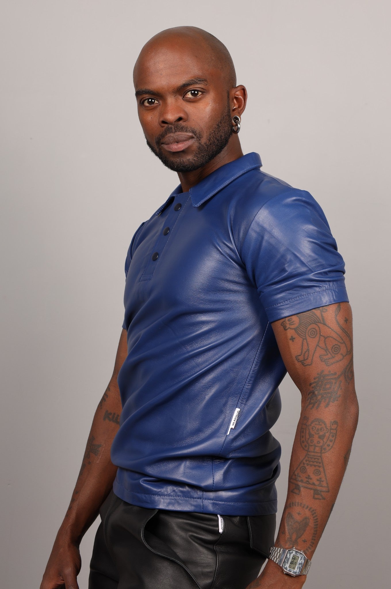 Dark Blue Leather Polo Shirt