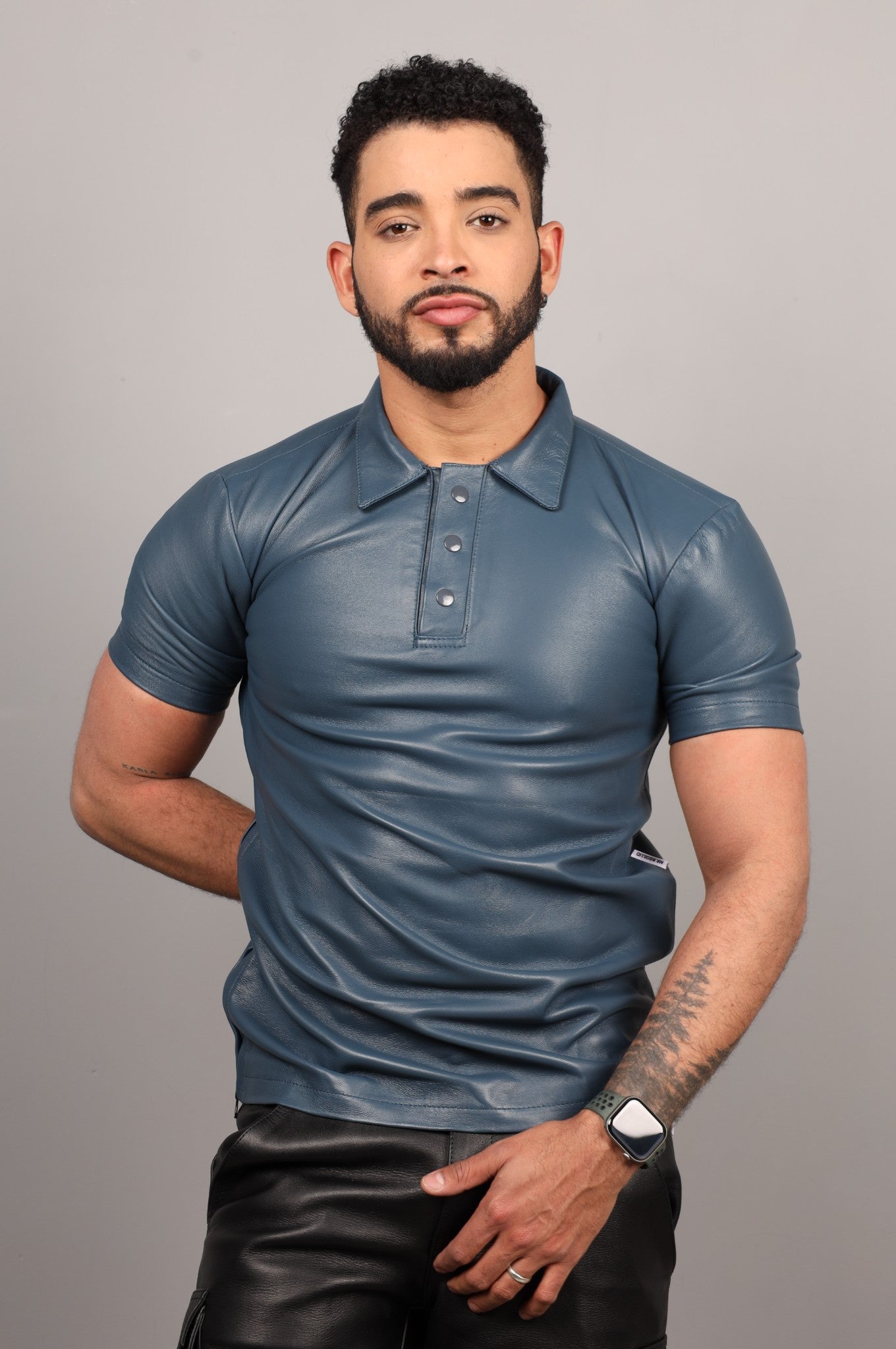 Navy Blue Leather Polo Shirt