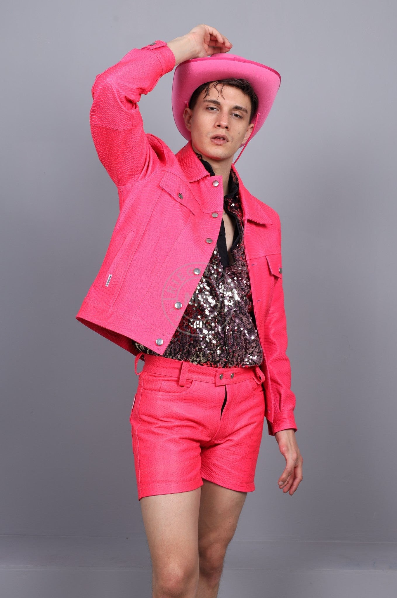 Leather Snake 5 Pocket Short - Neon Pink at MR. Riegillio