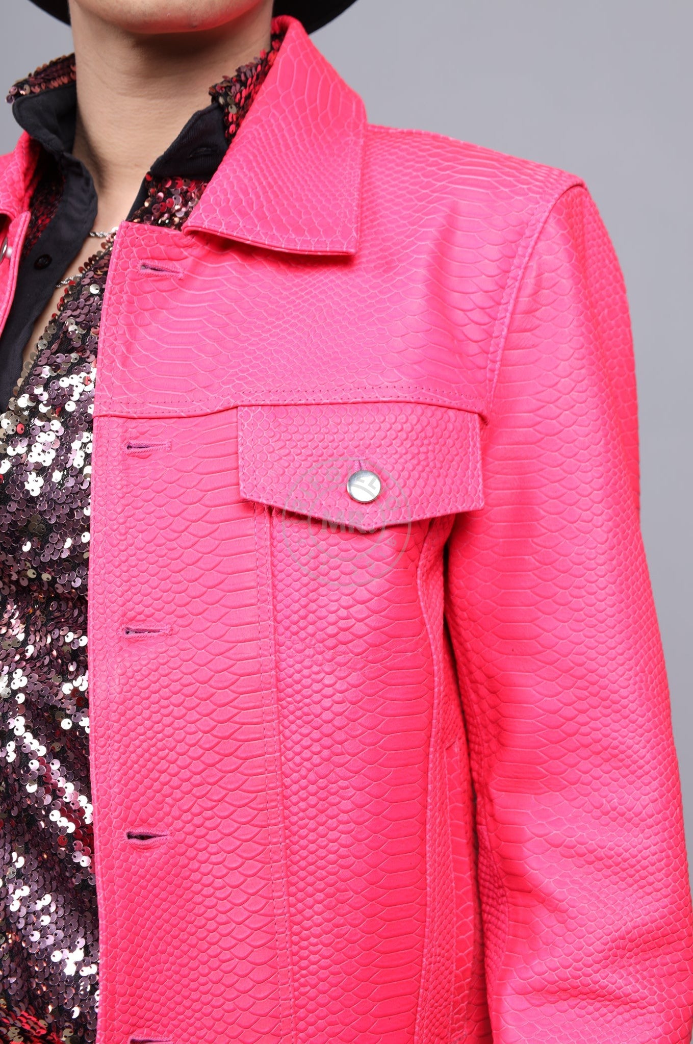 Leather Snake Trucker Jacket - Neon Pink at MR. Riegillio