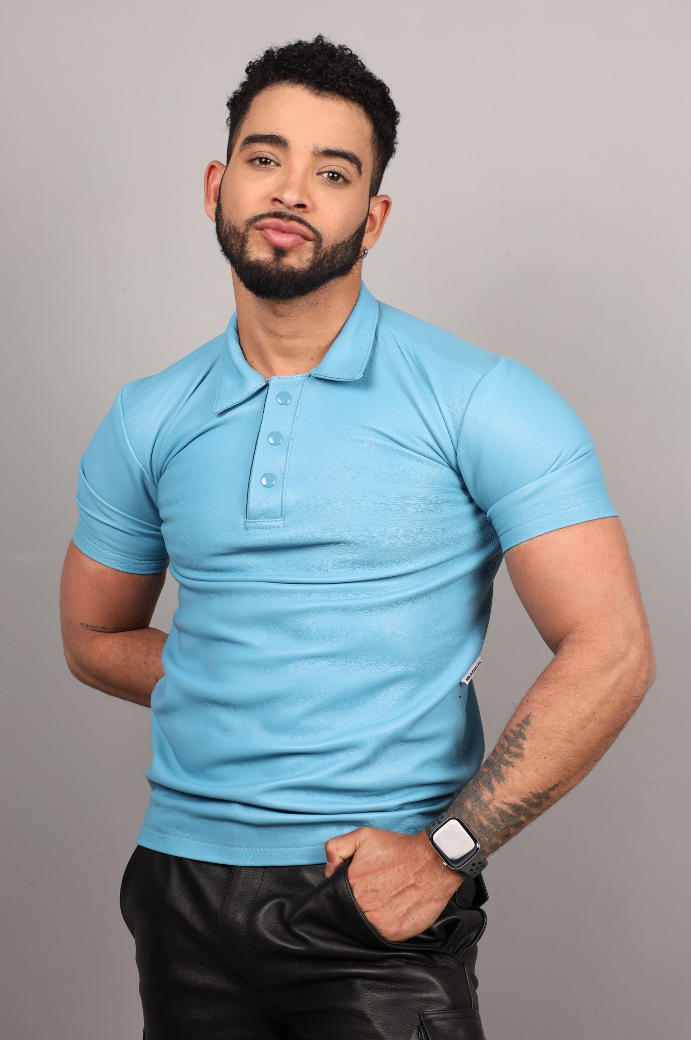 Sky Blue Leather Polo Shirt