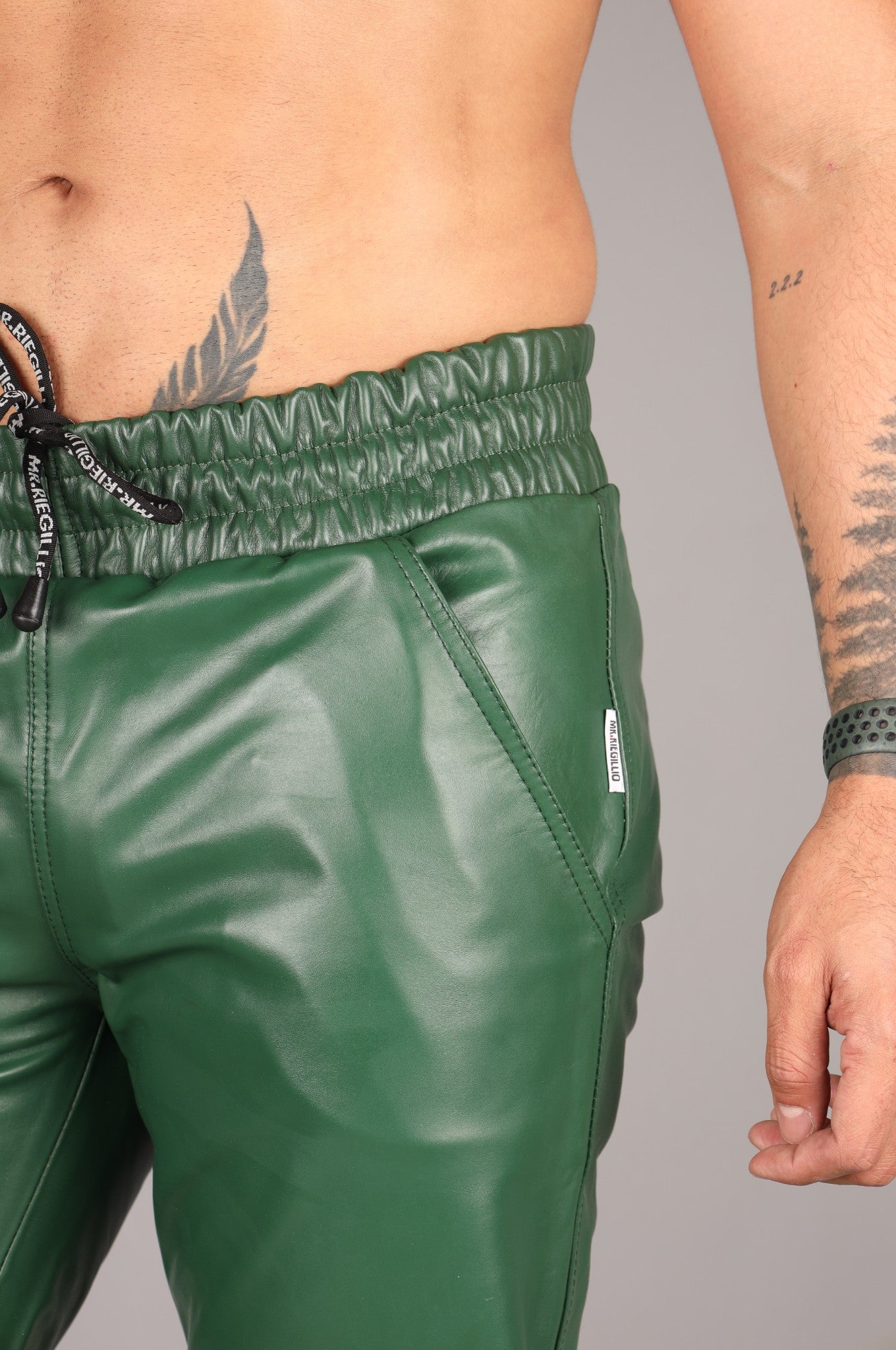 Dark Green Slim Fit Leather Tracksuit Pants