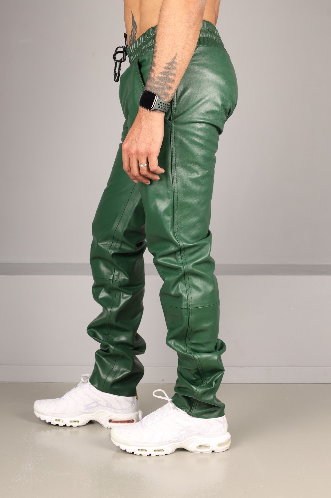 Dark Green Slim Fit Leather Tracksuit Pants