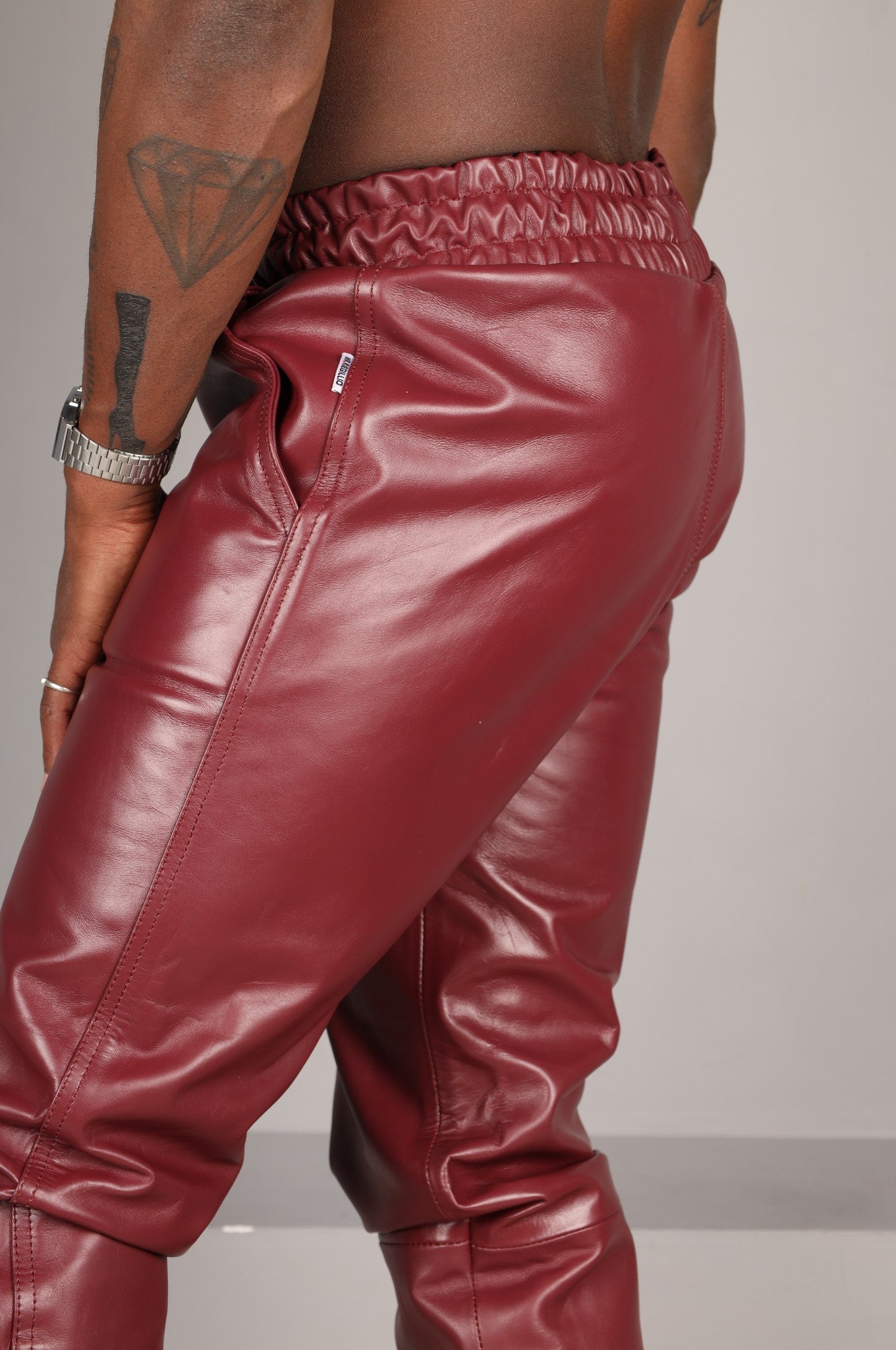 Burgundy Slim Fit Leather Tracksuit Pants