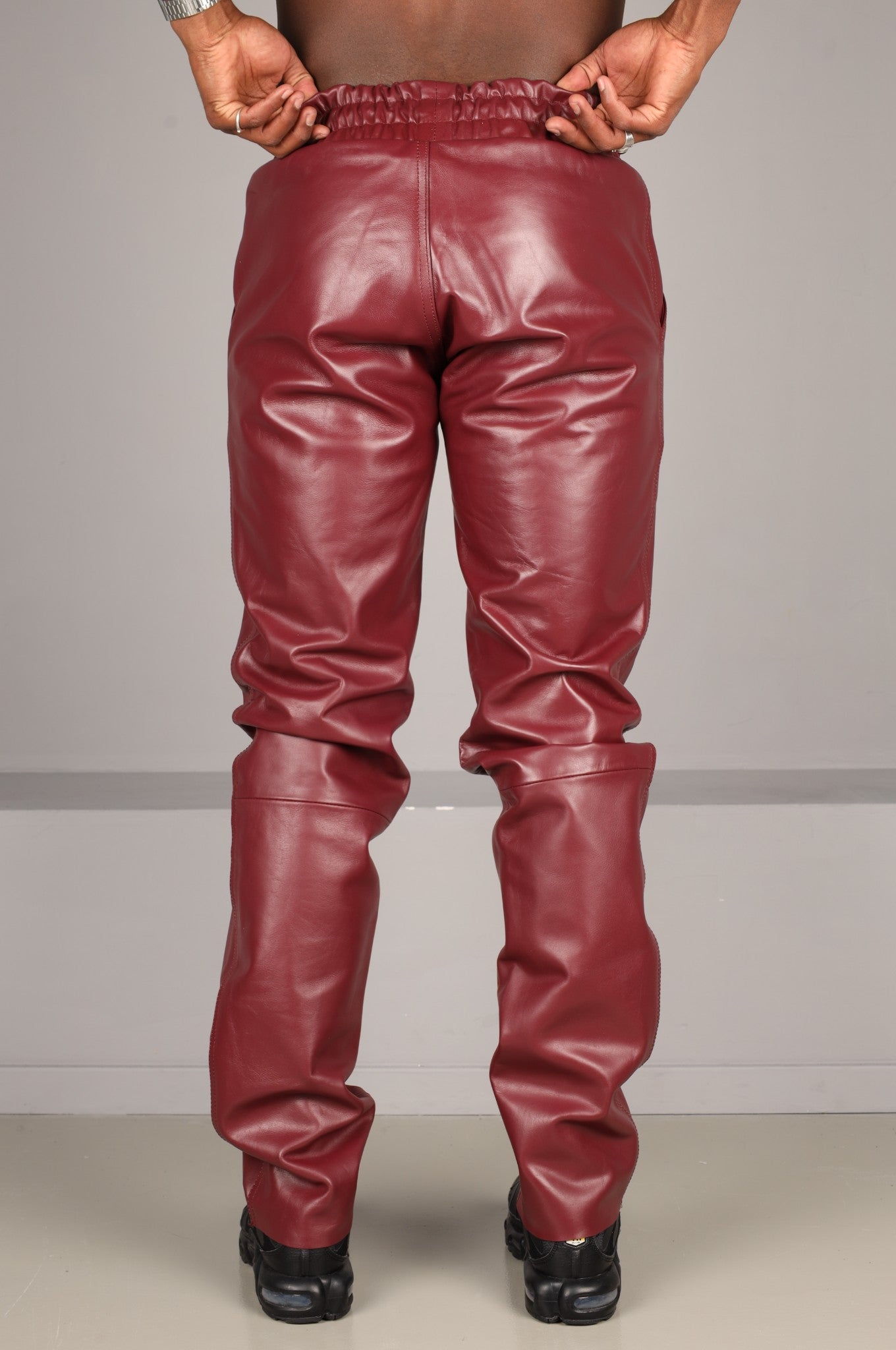 Burgundy Slim Fit Leather Tracksuit Pants
