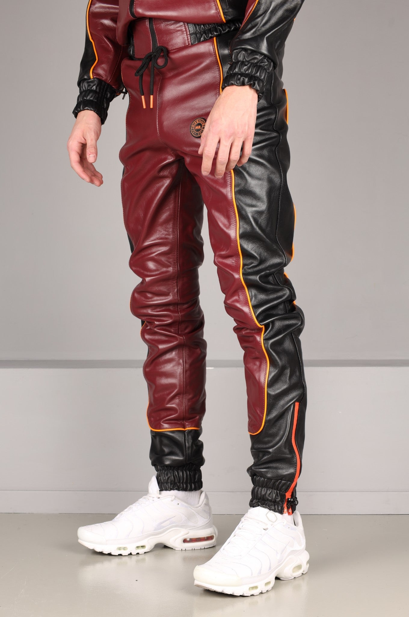 Leder-Trainingshose - Weinrot/Schwarz