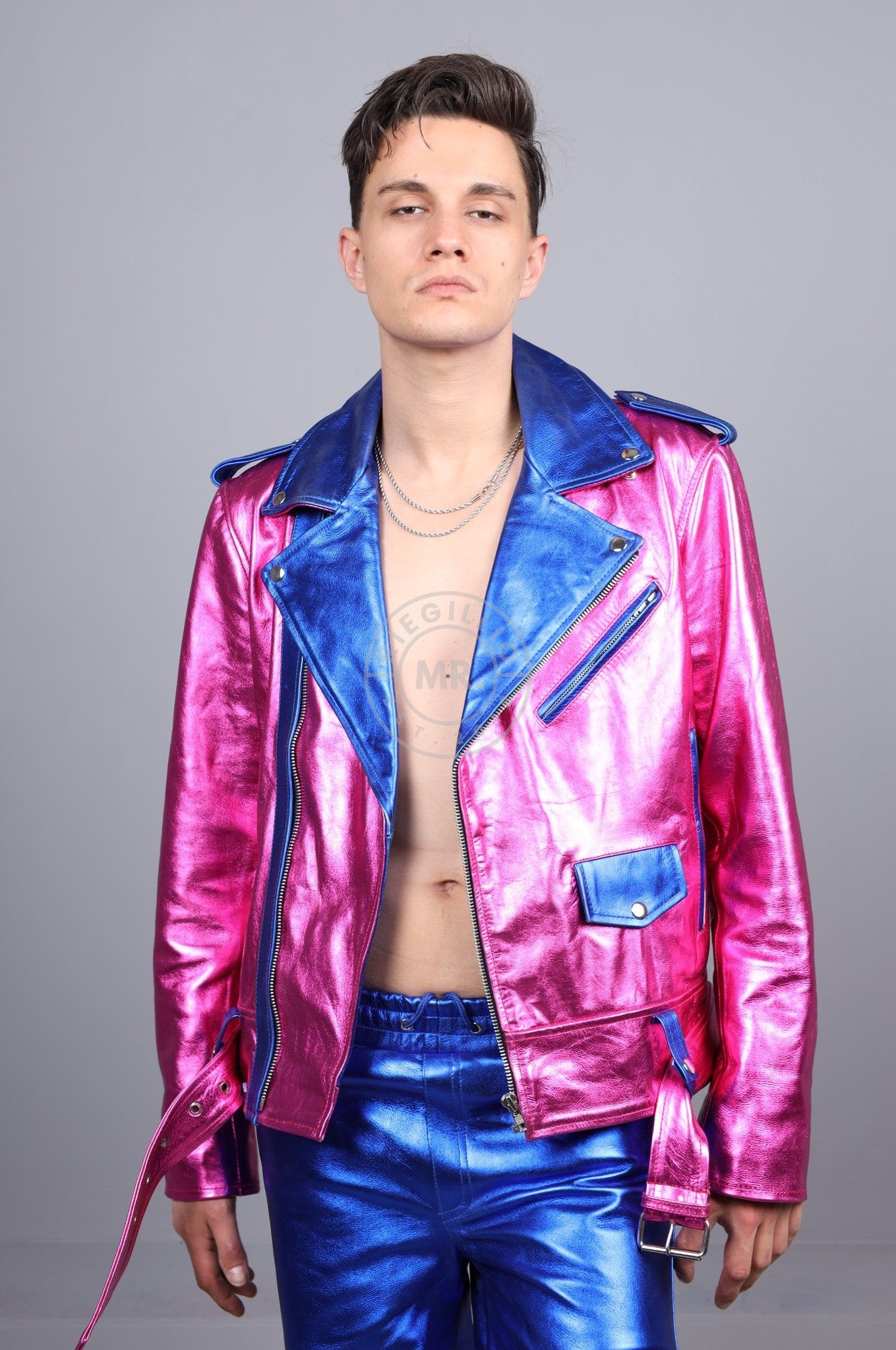 Metallic Leather Biker Jacket - Pink/Blue at MR. Riegillio