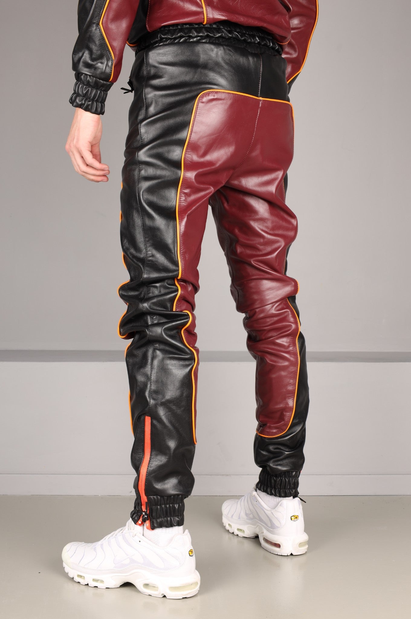 Leder-Trainingshose - Weinrot/Schwarz