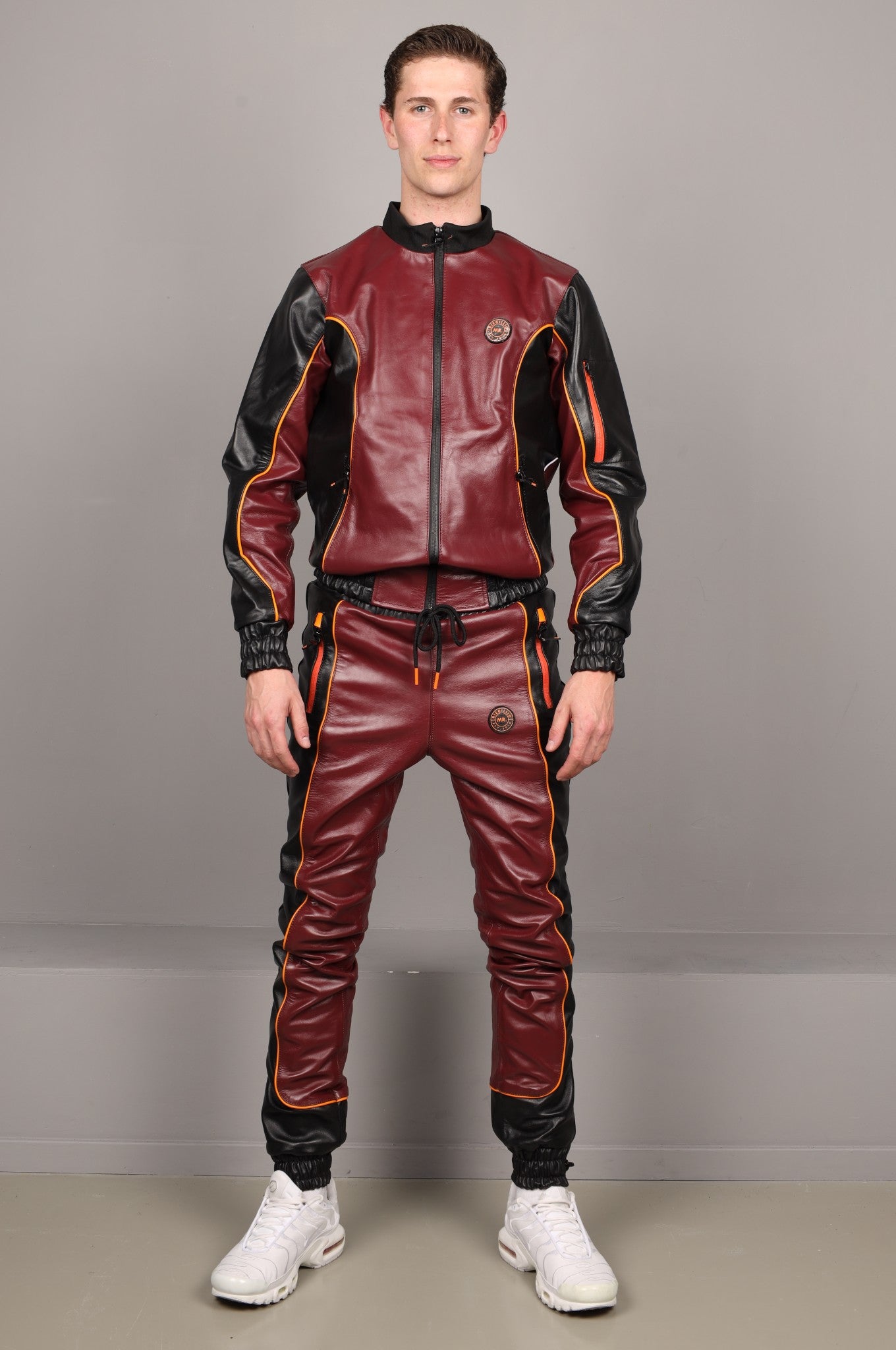 Leder-Trainingsanzugsjacke - Bordeaux/Schwarz