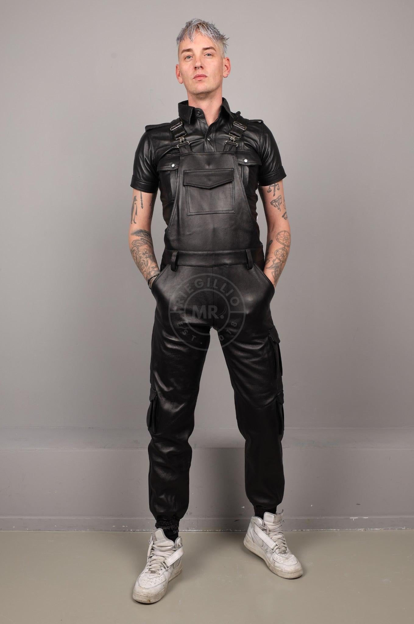 Black Leather Jogger Dungaree at MR. Riegillio