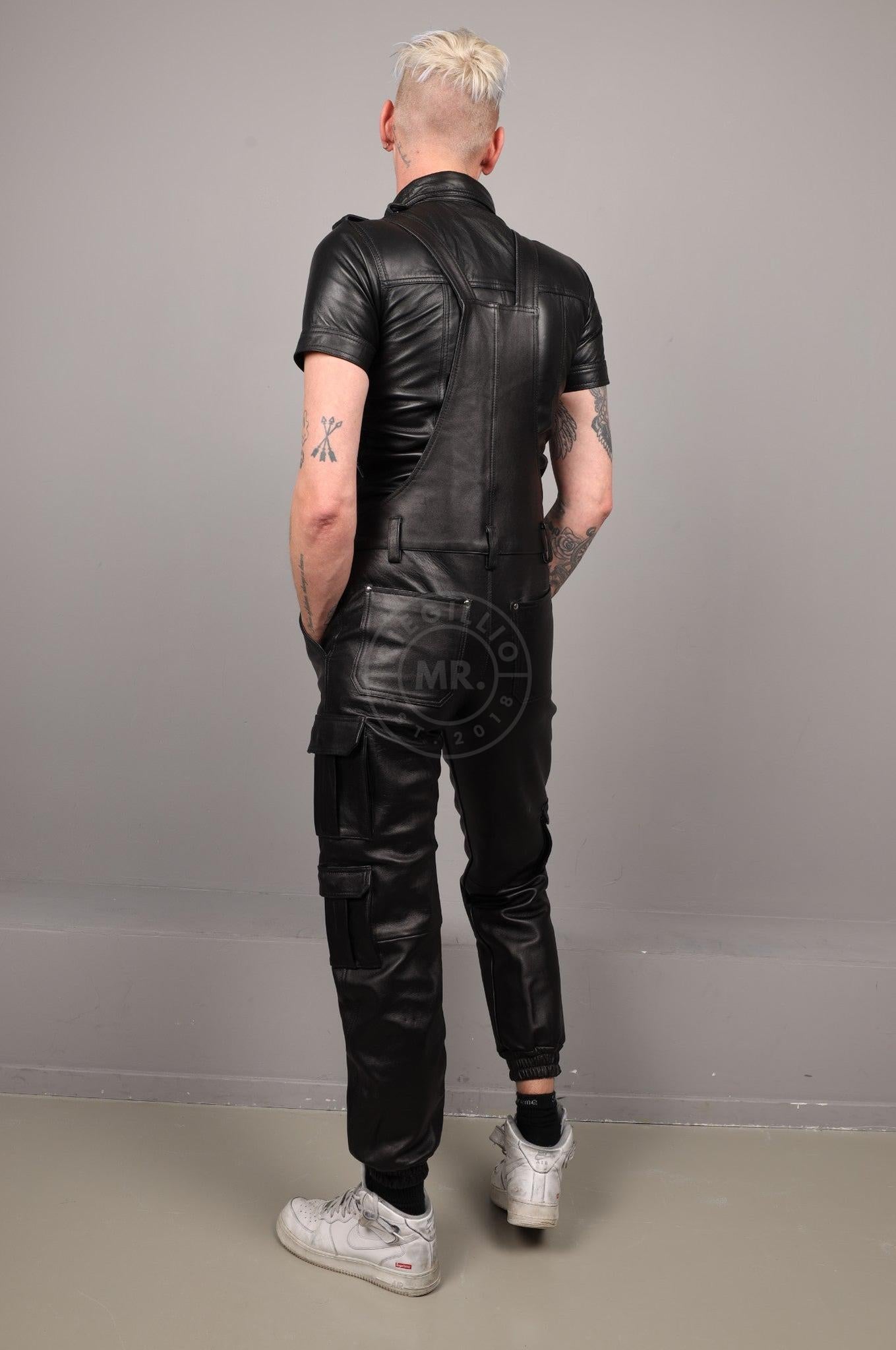 Black Leather Jogger Dungaree at MR. Riegillio
