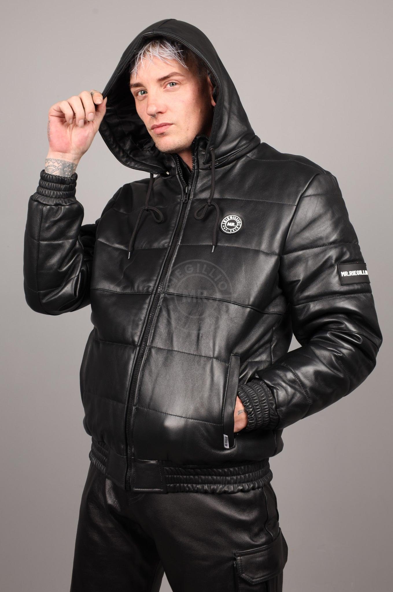 Black Leather Puffed Bomber Jacket at MR. Riegillio