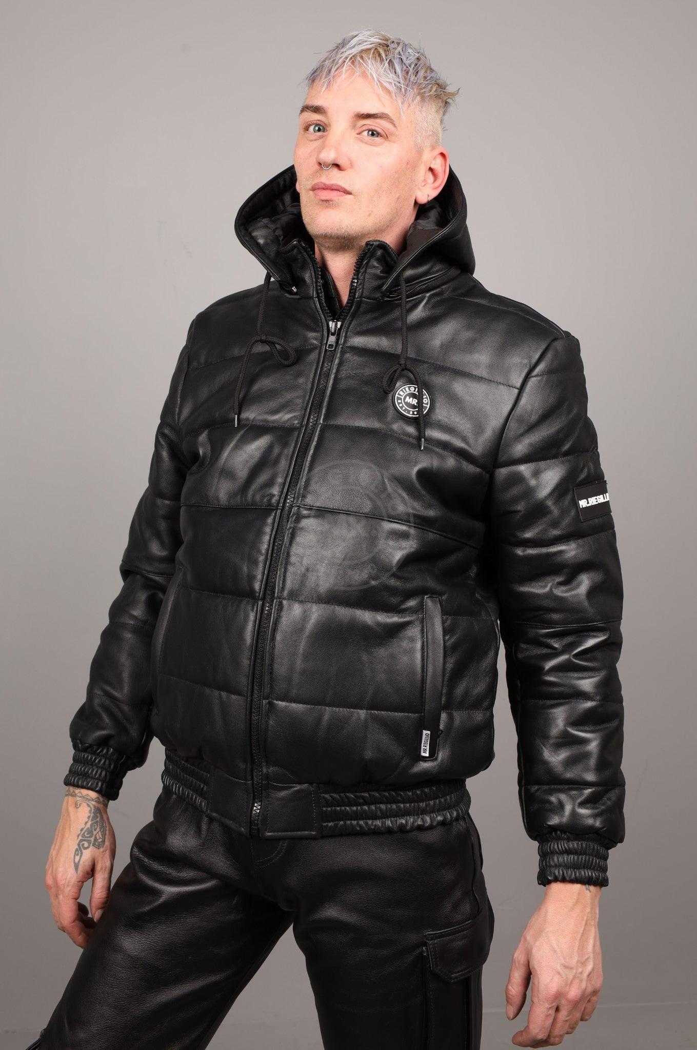 Black Leather Puffed Bomber Jacket at MR. Riegillio
