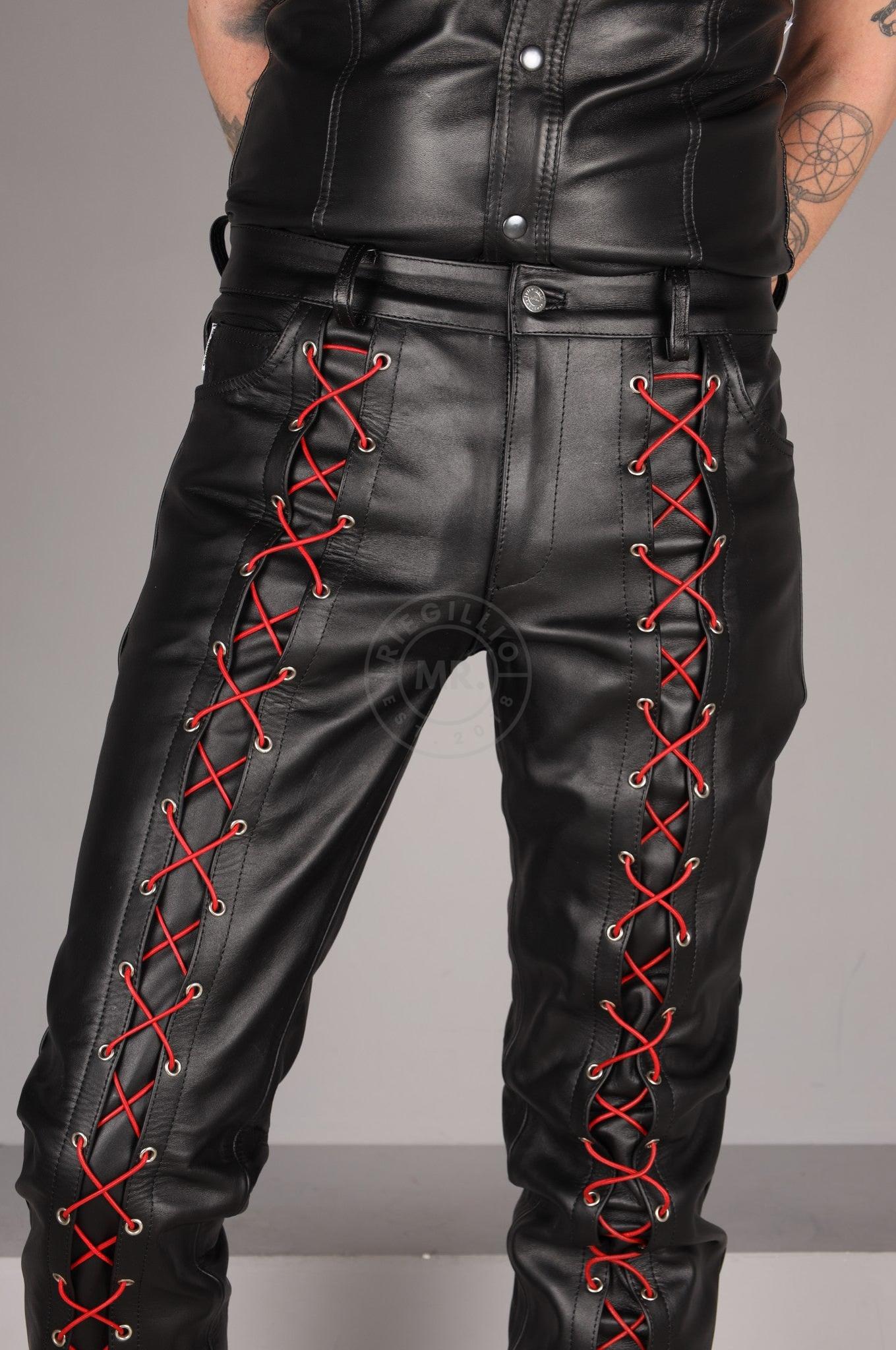 Black Leather Front Lace Up Pants - Red Lace at MR. Riegillio
