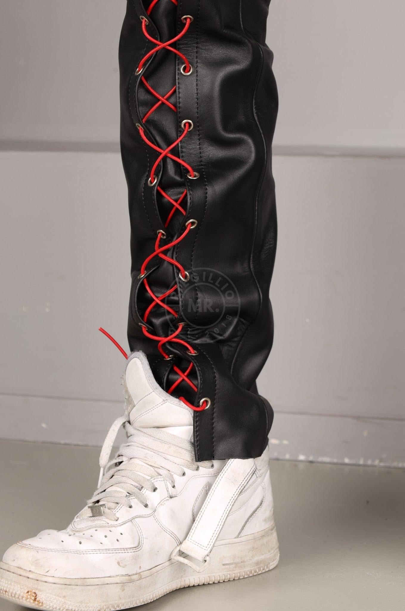 Black Leather Front Lace Up Pants - Red Lace at MR. Riegillio