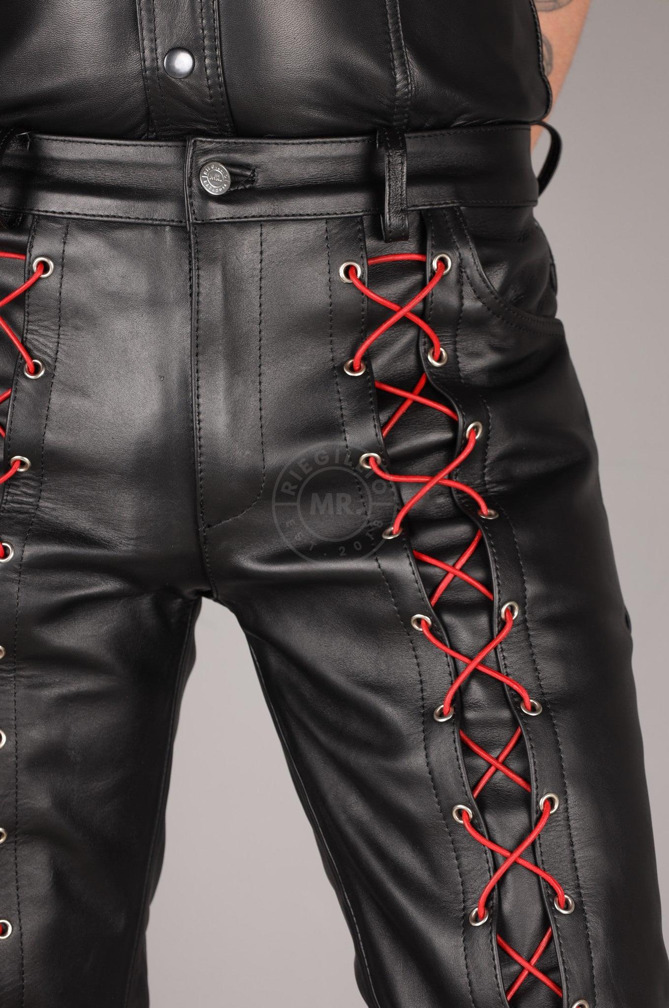 Black Leather Front Lace Up Pants - Red Lace at MR. Riegillio