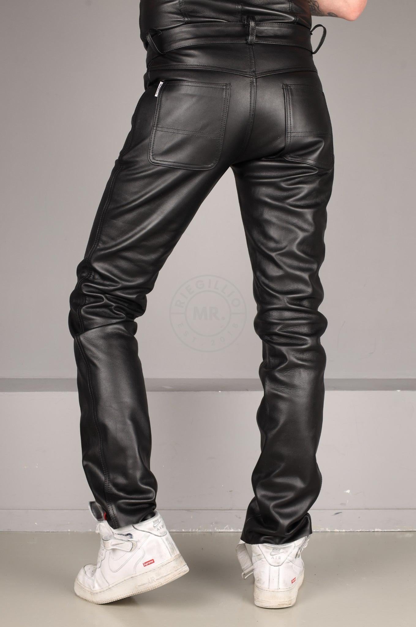 Black Leather Front Lace Up Pants - Red Lace at MR. Riegillio