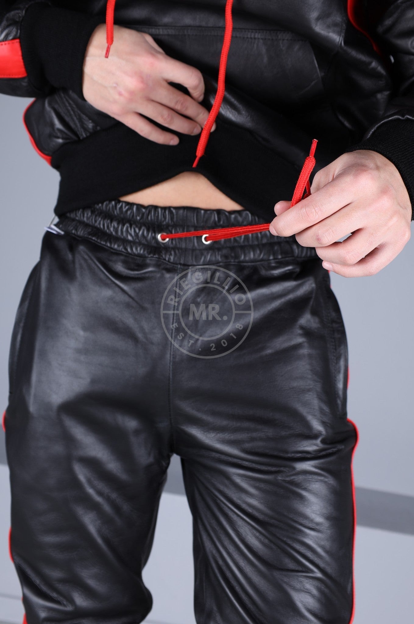 Black Leather Sports Pants - Red Stripe