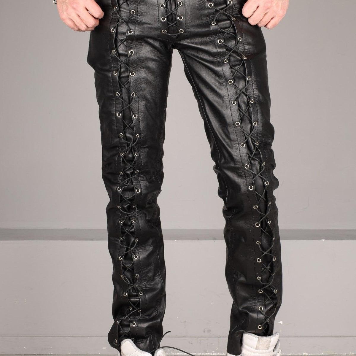 Black Leather Front Lace Up Pants - Black Lace at MR. Riegillio