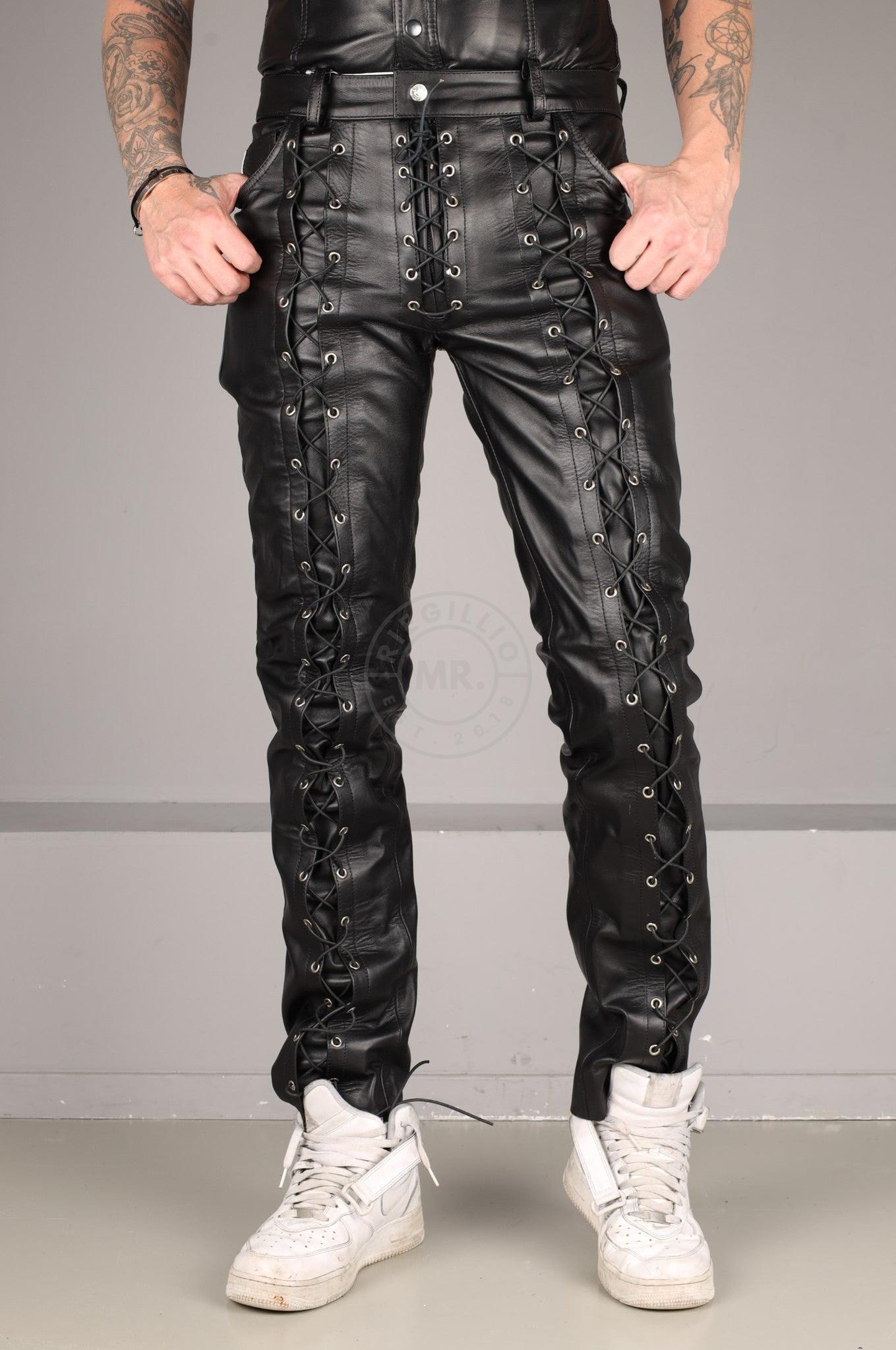 Black Leather Front Lace Up Pants - Black Lace at MR. Riegillio