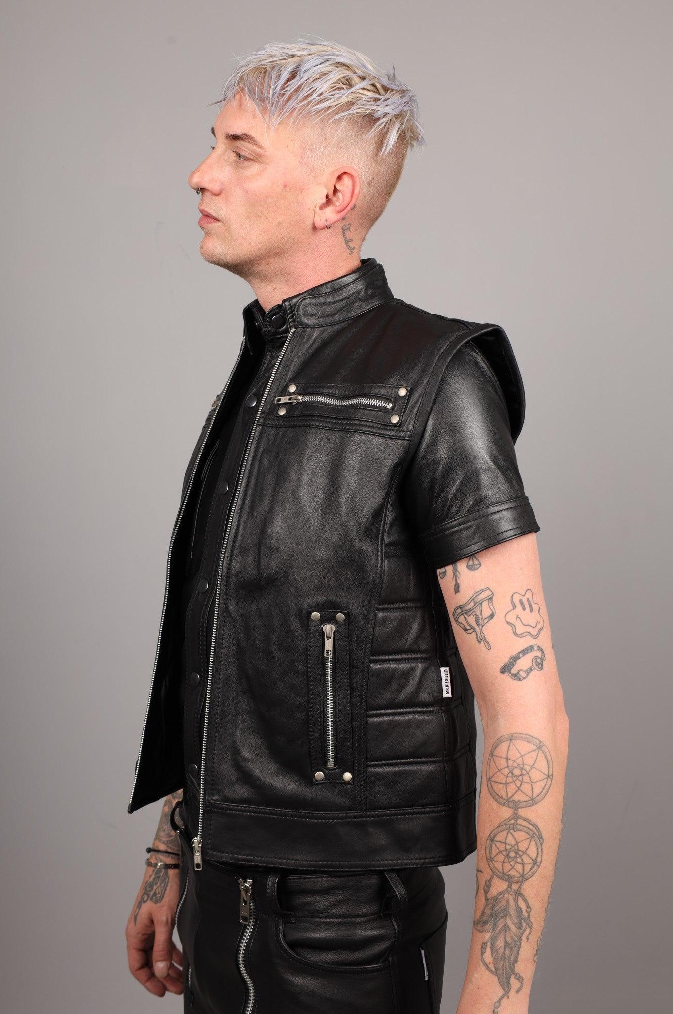 Black Leather Zipper Vest at MR. Riegillio