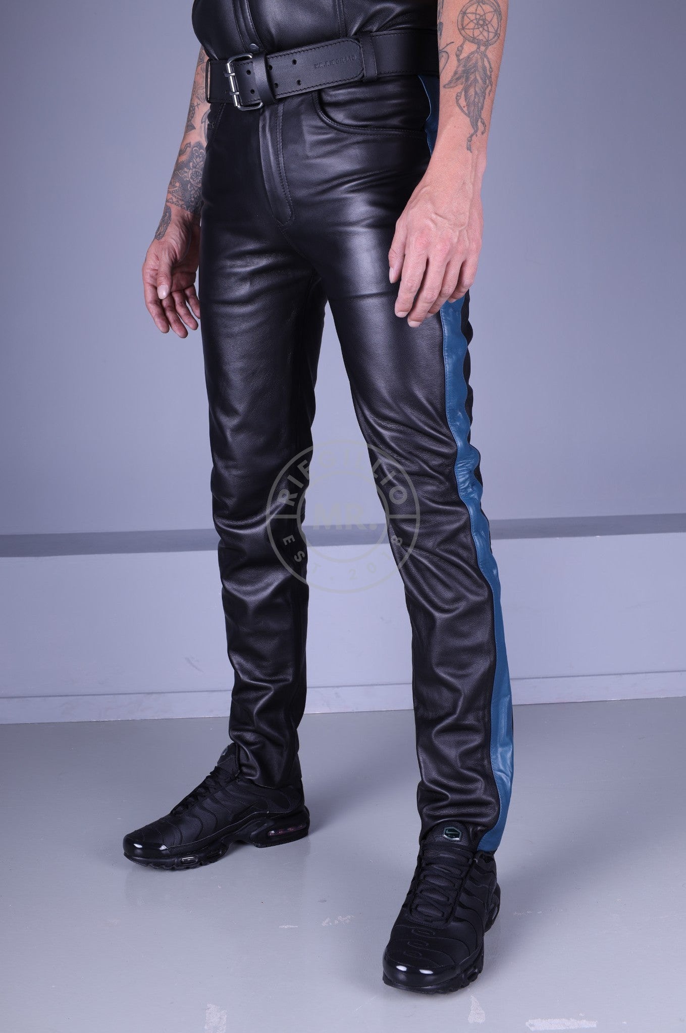 Black Leather 5 Pocket Pants - Jeans Blue Stripe by MR. Riegillio