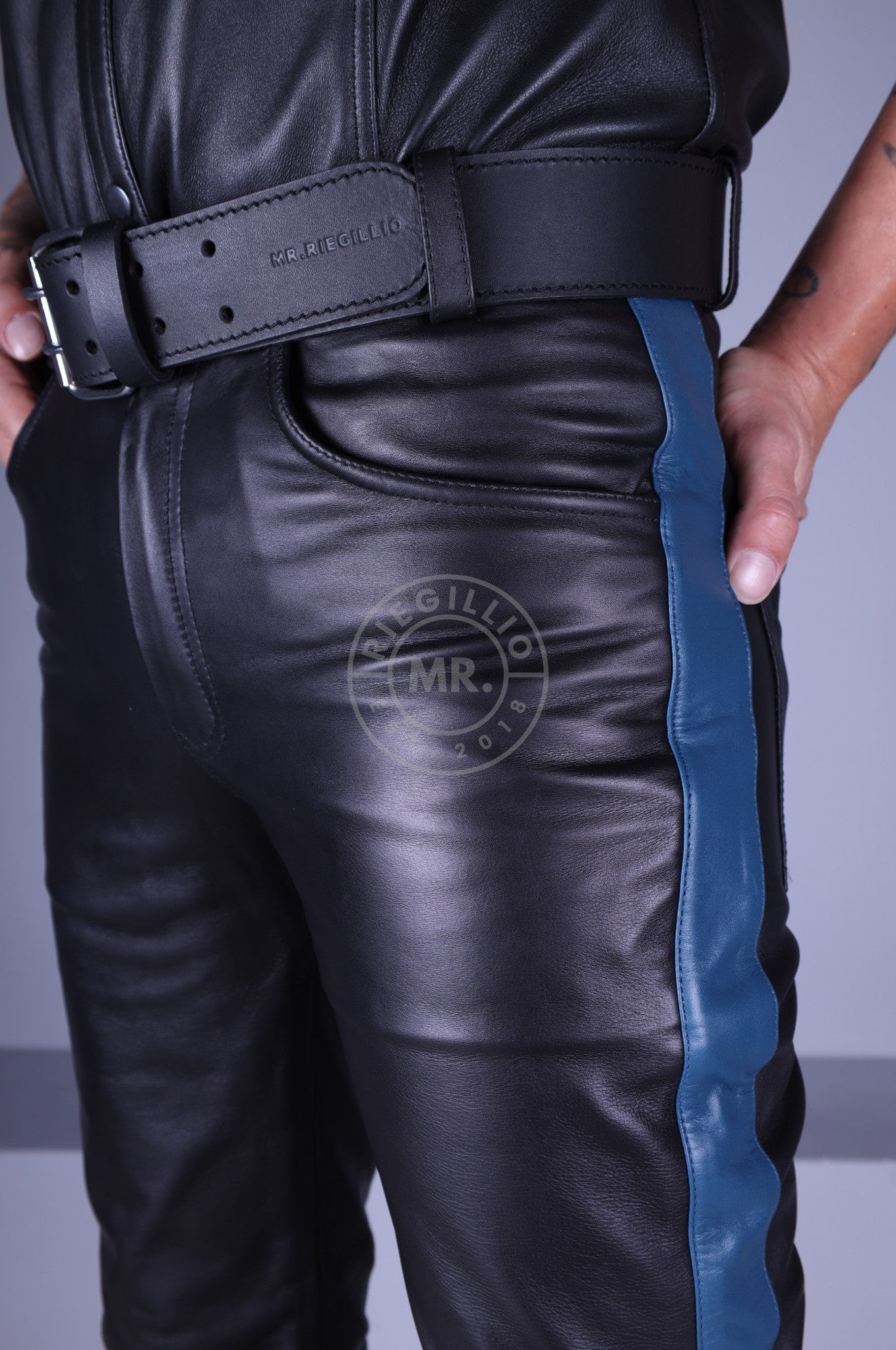 Black Leather 5 Pocket Pants - Jeans Blue Stripe at MR. Riegillio