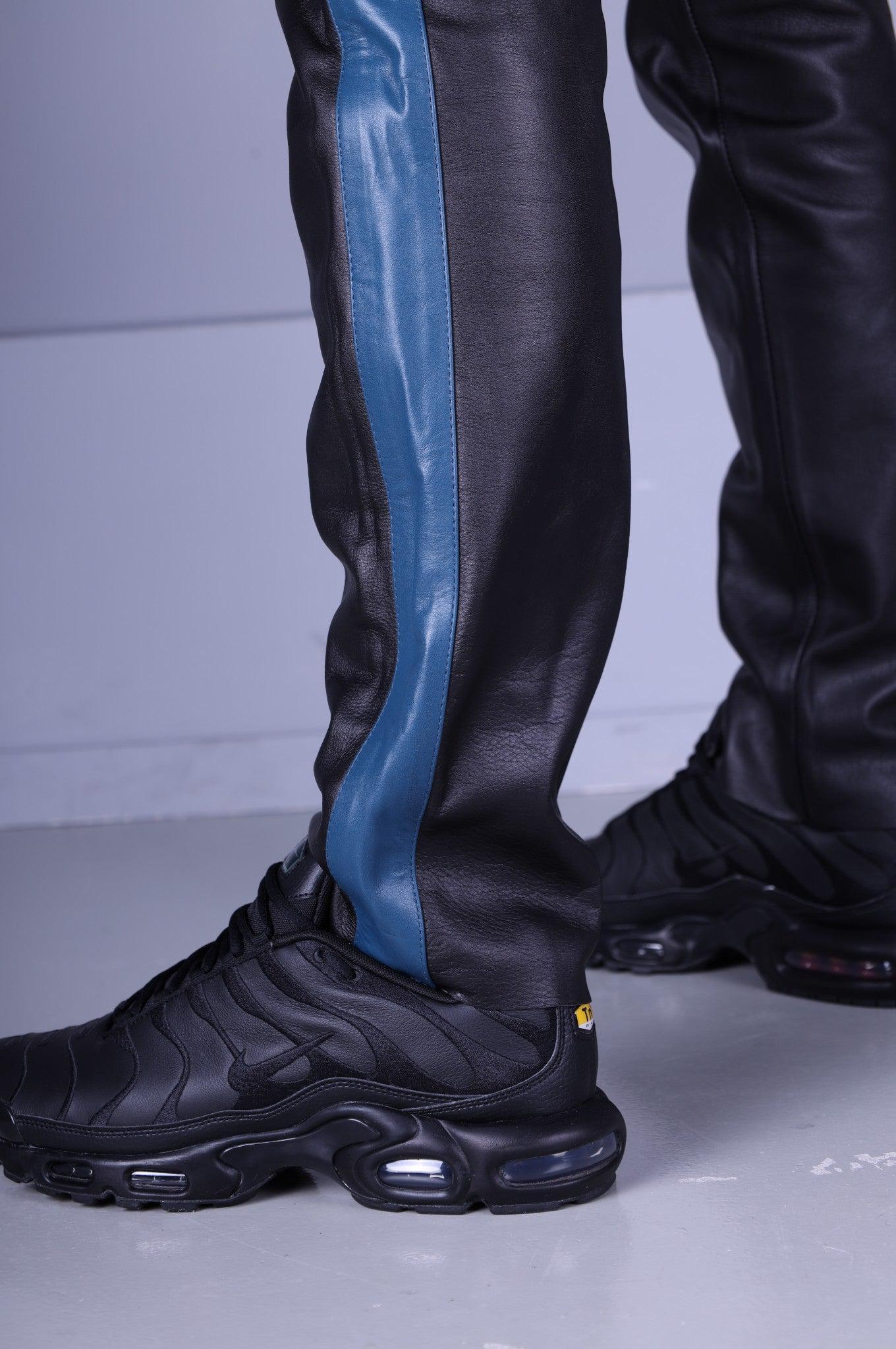 Black Leather 5 Pocket Pants - Jeans Blue Stripe at MR. Riegillio