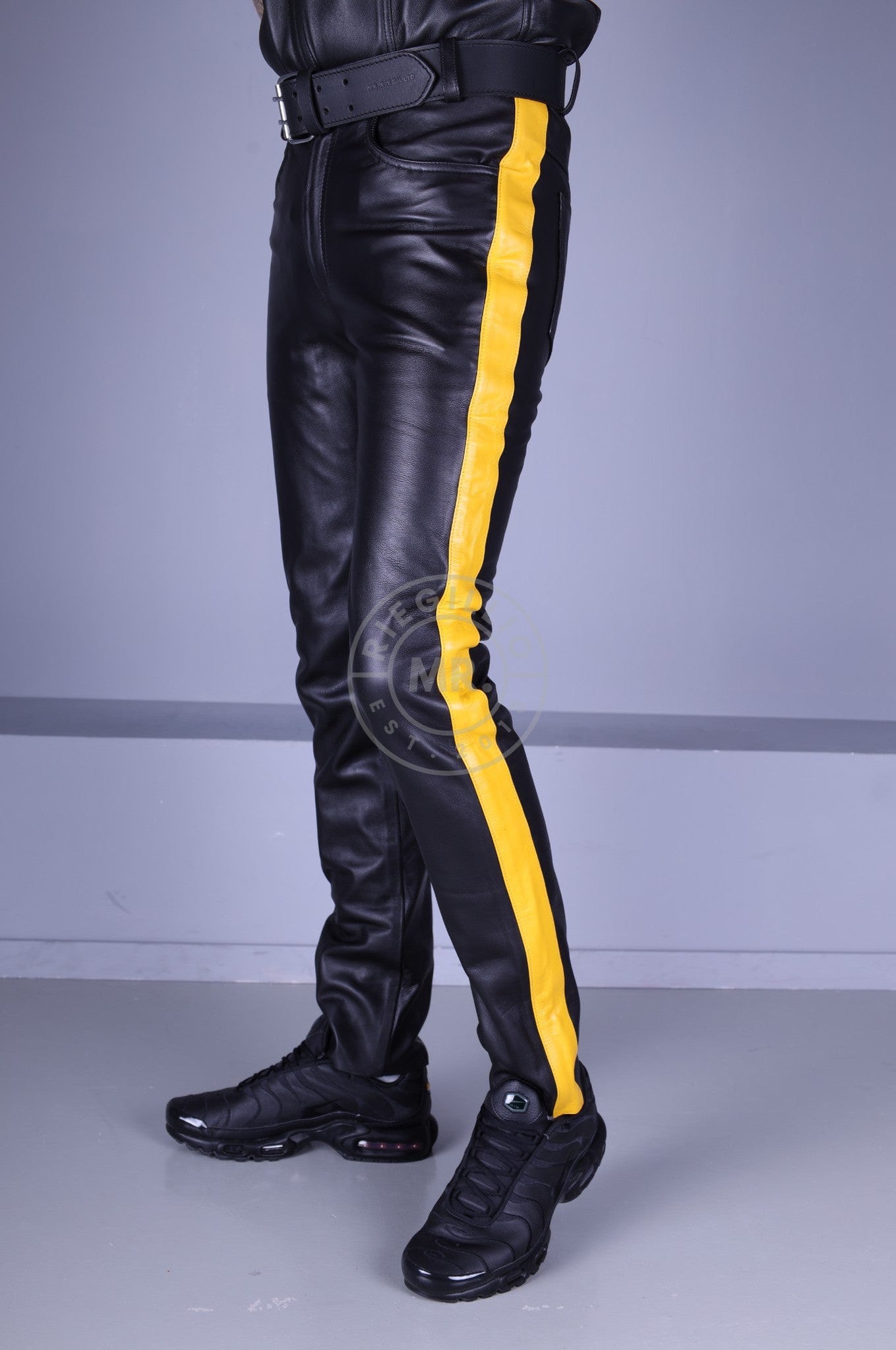 Black Leather 5 Pocket Pants - Yellow Stripe at MR. Riegillio