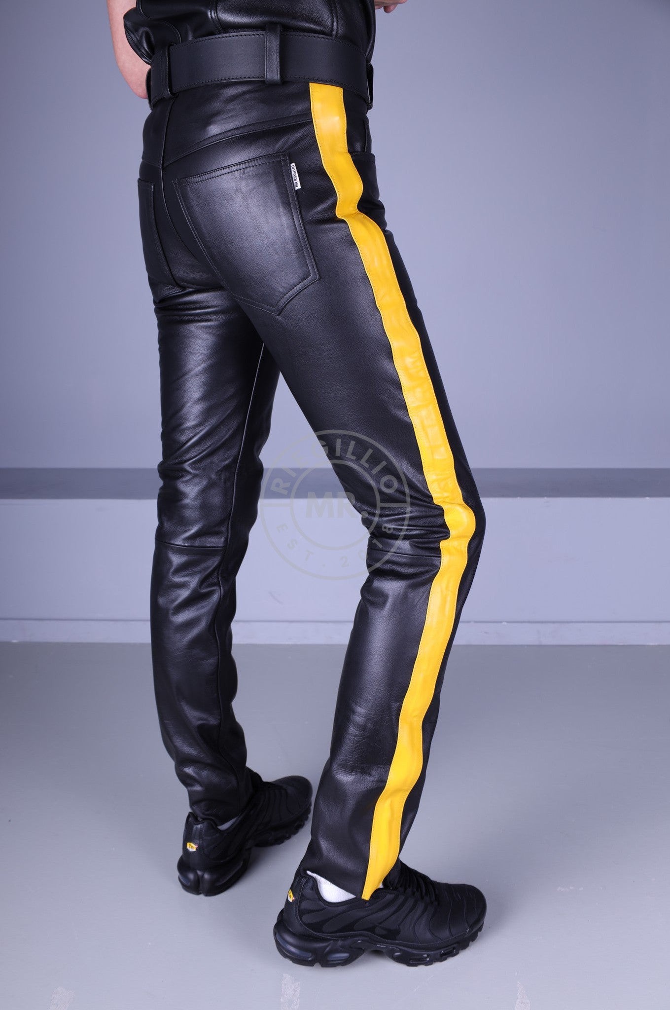 Black Leather 5 Pocket Pants - Yellow Stripe