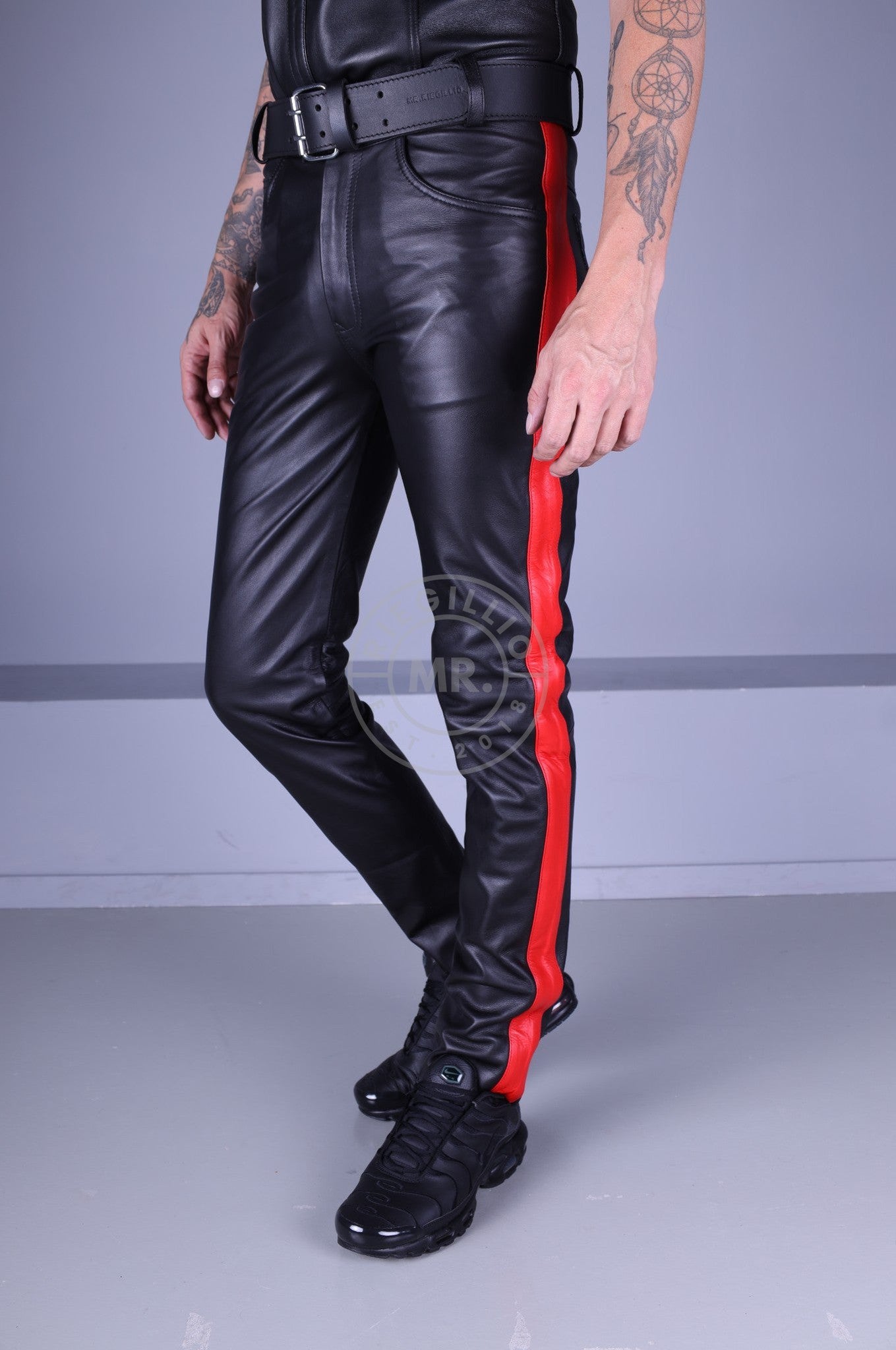 Black Leather 5 Pocket Pants - Red Stripe at MR. Riegillio