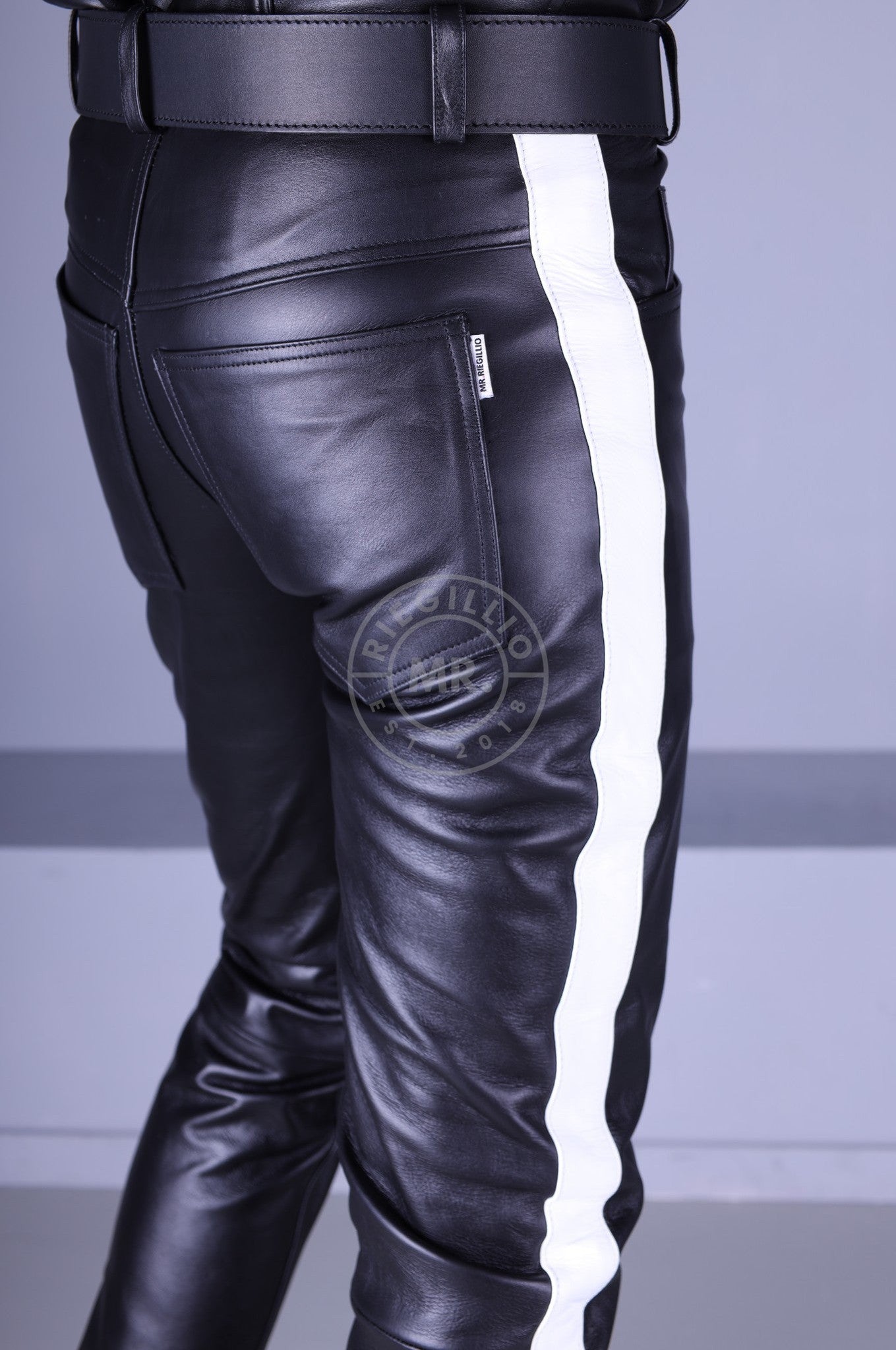Black Leather 5 Pocket Pants - White Stripe at MR. Riegillio