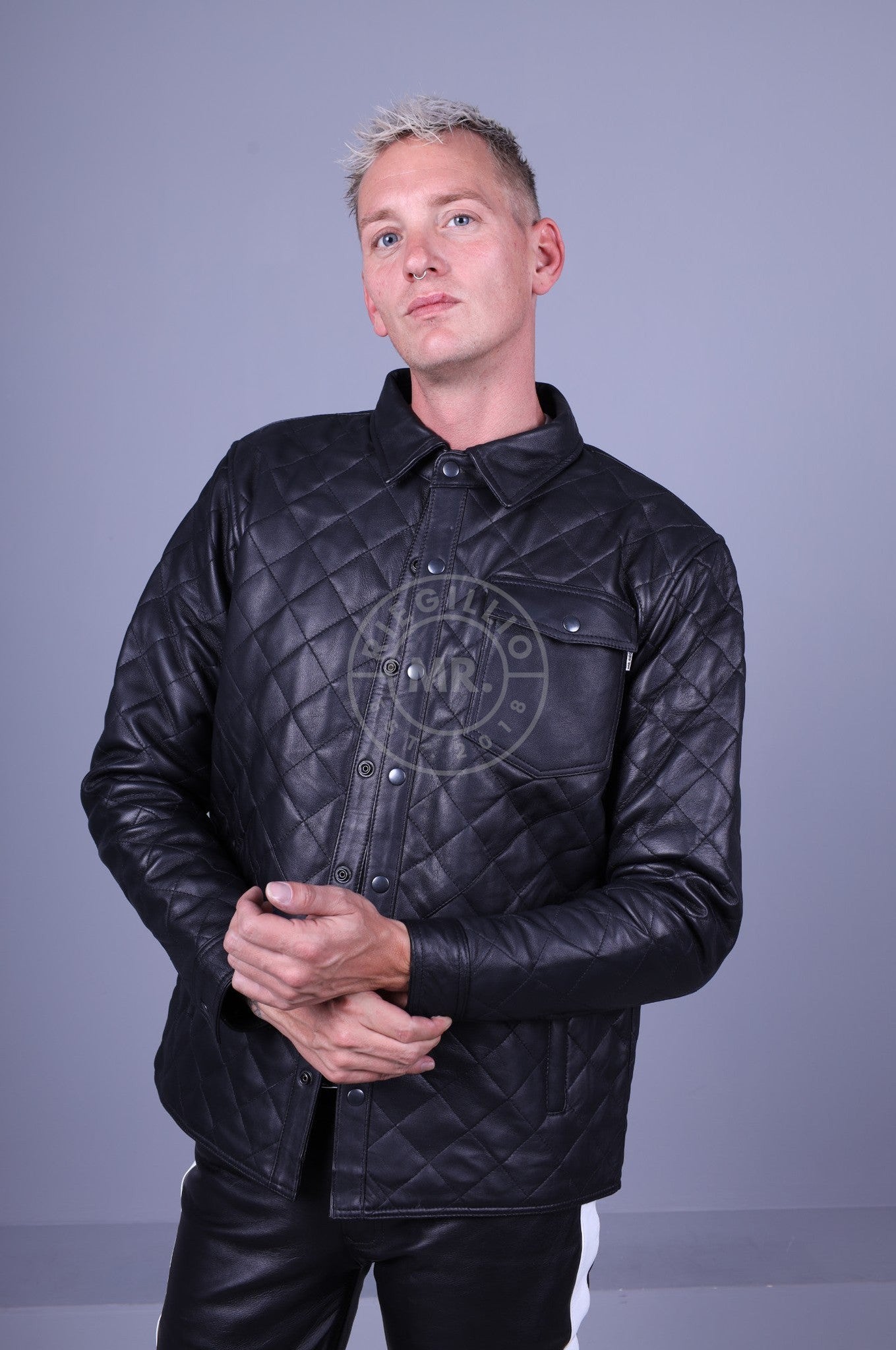 Black Leather Padded Long Sleeve Shirt