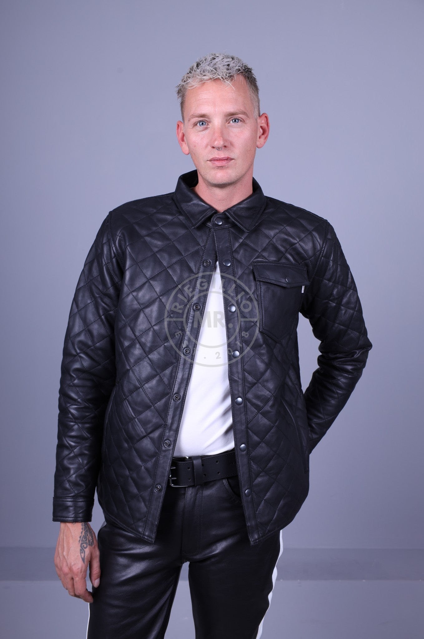 Black Leather Padded Long Sleeve Shirt-at MR. Riegillio