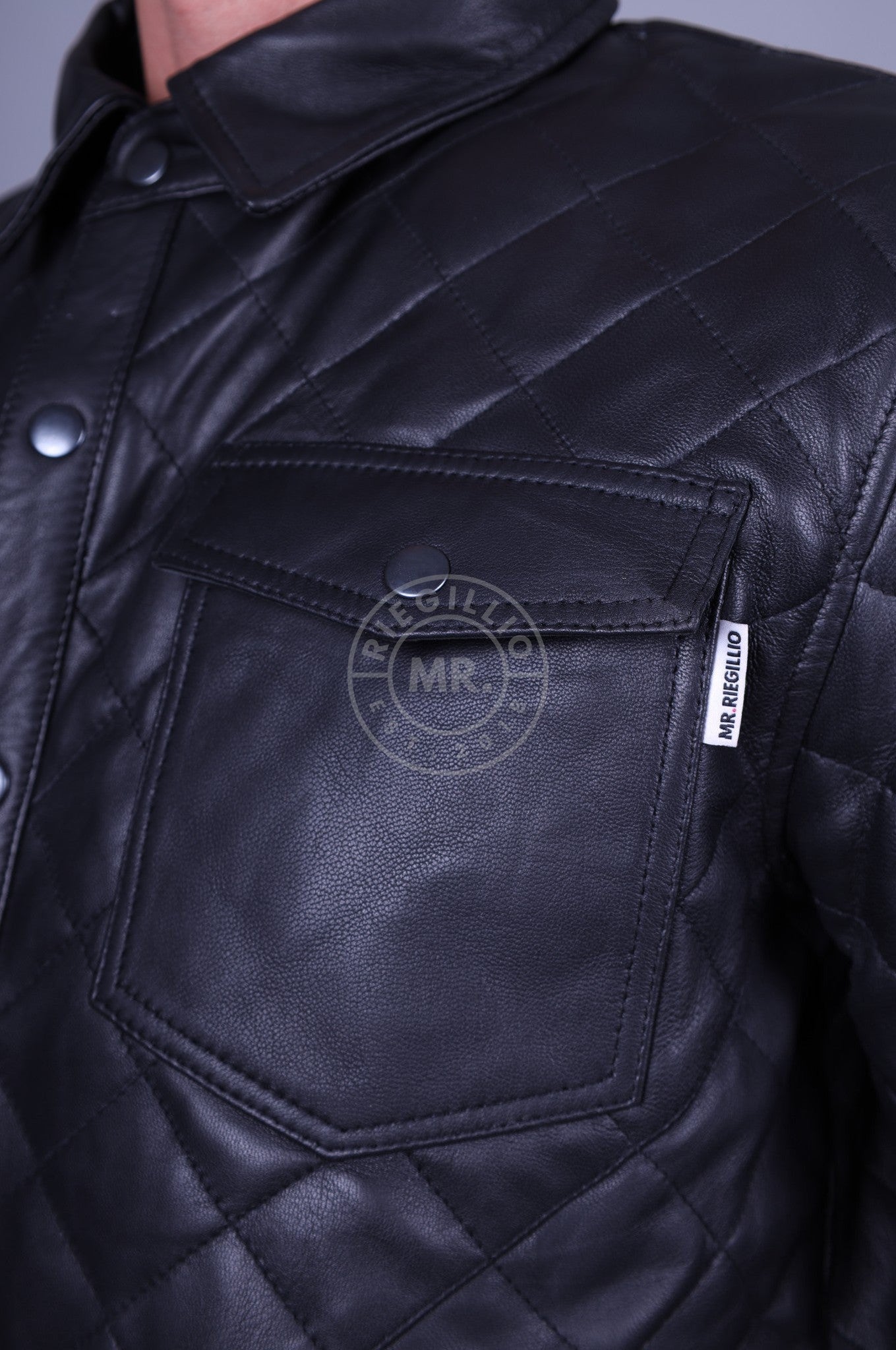 Black Leather Padded Long Sleeve Shirt-at MR. Riegillio