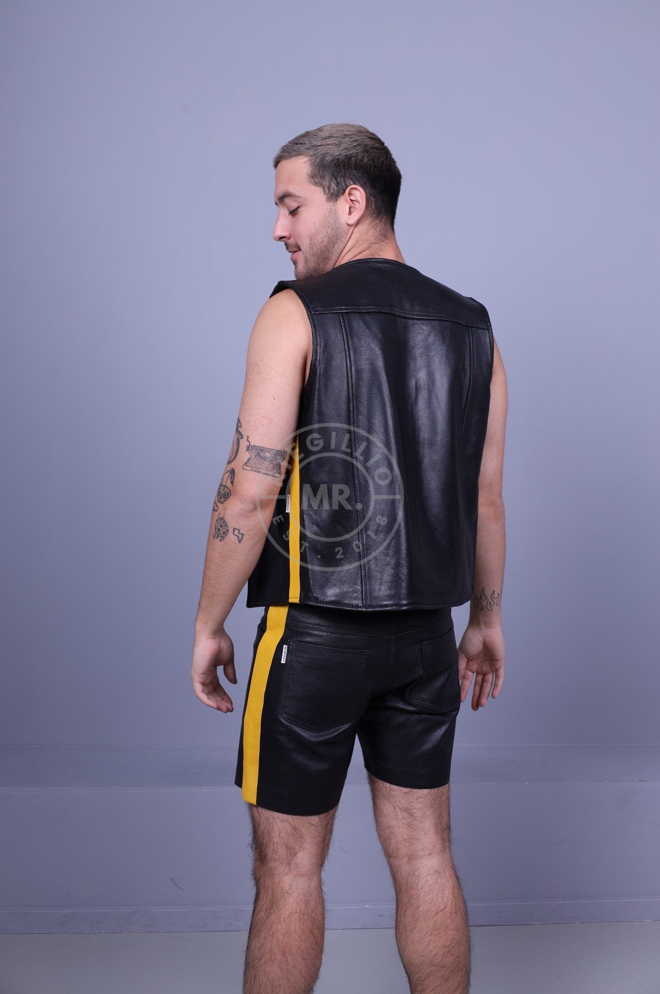 Black Leather Waistcoat - Yellow Stripe By MR. Riegillio