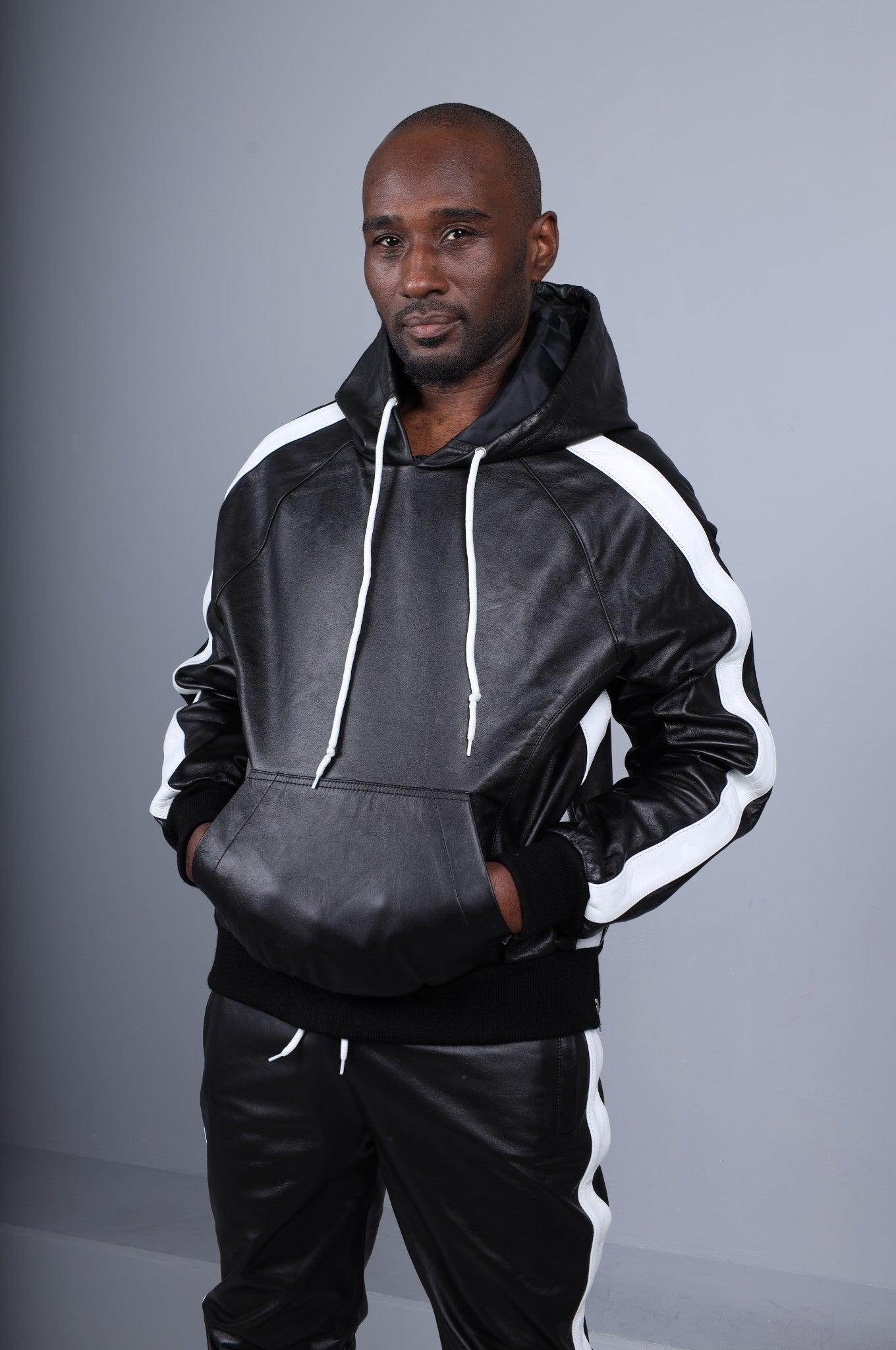 Black Leather Sports Hoodie - White Stripe at MR. Riegillio