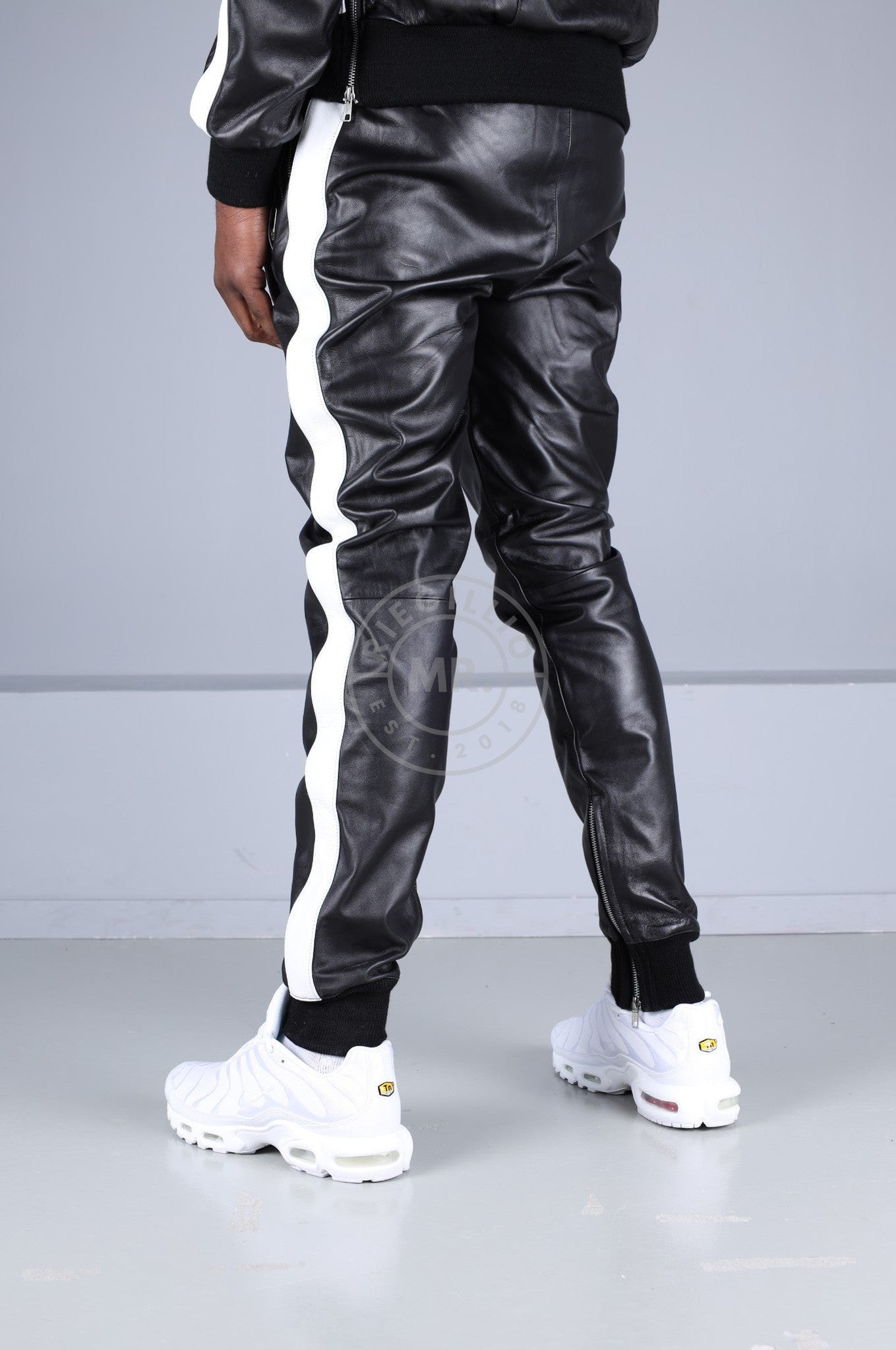 Black Leather Sports Pants - White Stripe
