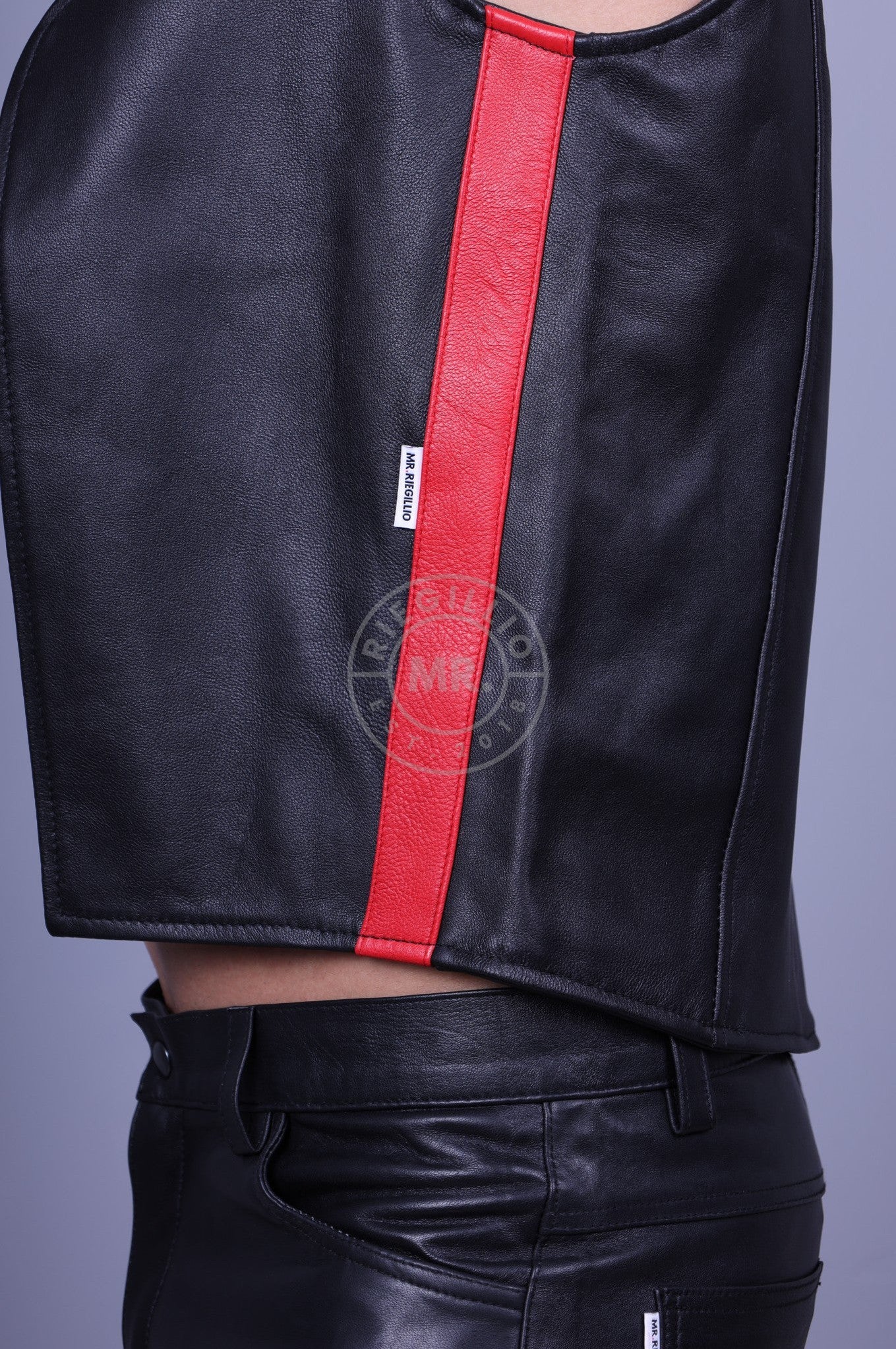 Black Leather Waistcoat - Red Stripe