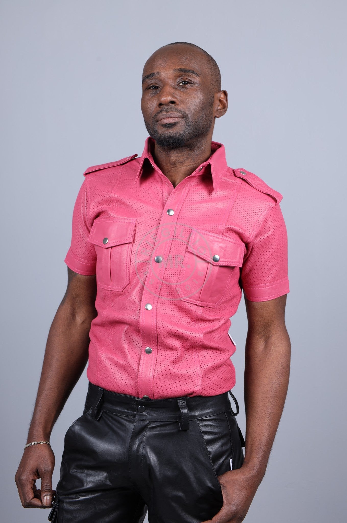 Pink Leather Perforated Shirt at MR. Riegillio