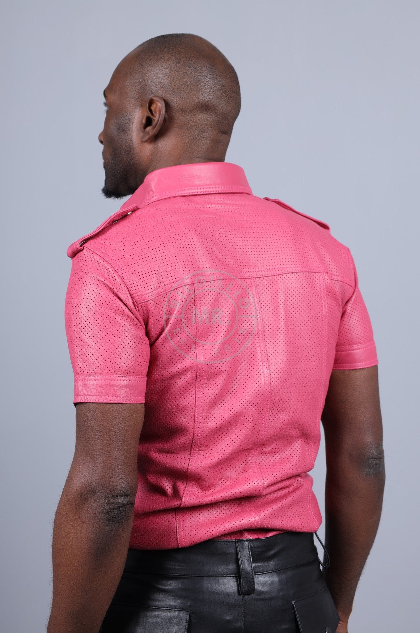 Pink Leather Perforated Shirt-at MR. Riegillio