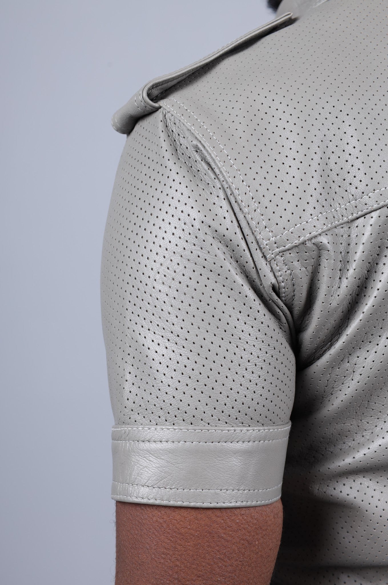 Ash Grey Leather Perforated Shirt-at MR. Riegillio