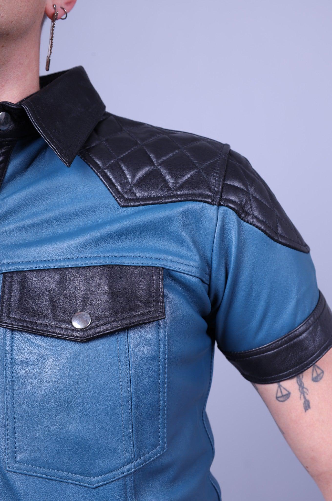 Jeans Blue Leather Shirt with Black Padding at MR. Riegillio