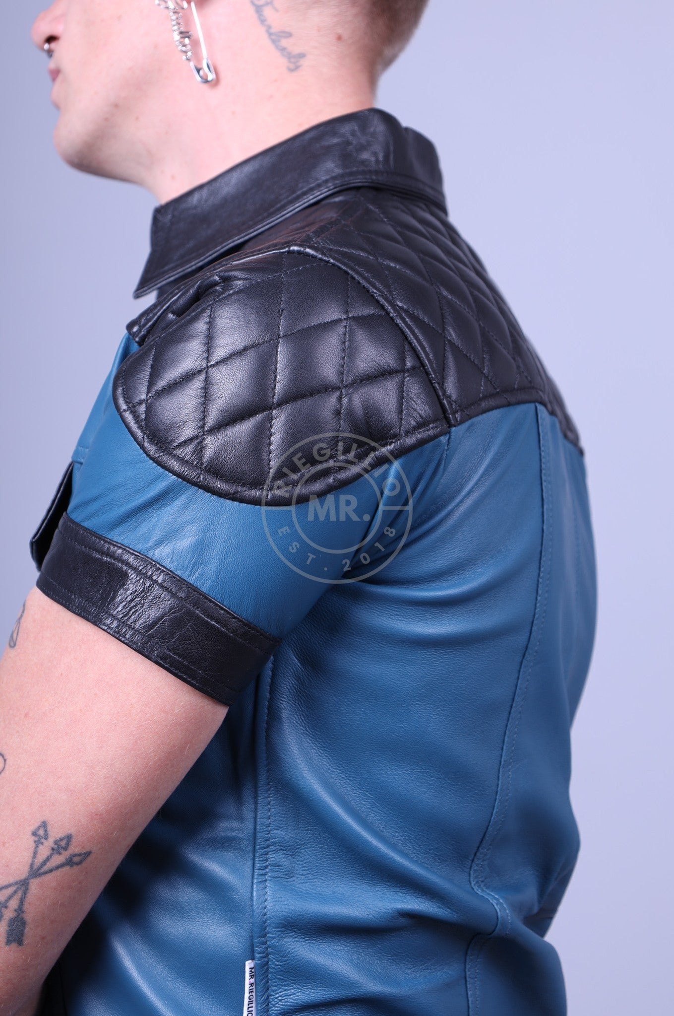 Jeans Blue Leather Shirt with Black Padding