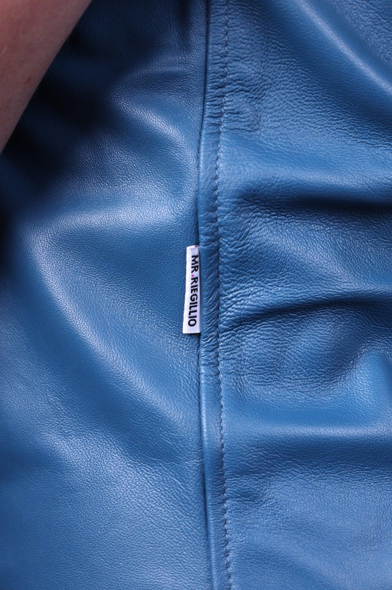 Jeans Blue Leather Shirt with Black Padding at MR. Riegillio