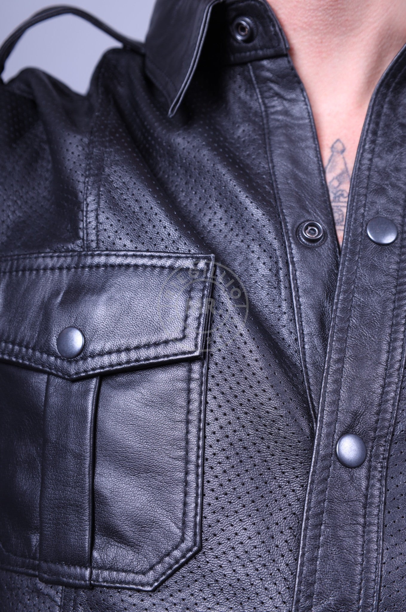 Black Leather Perforated Shirt at MR. Riegillio