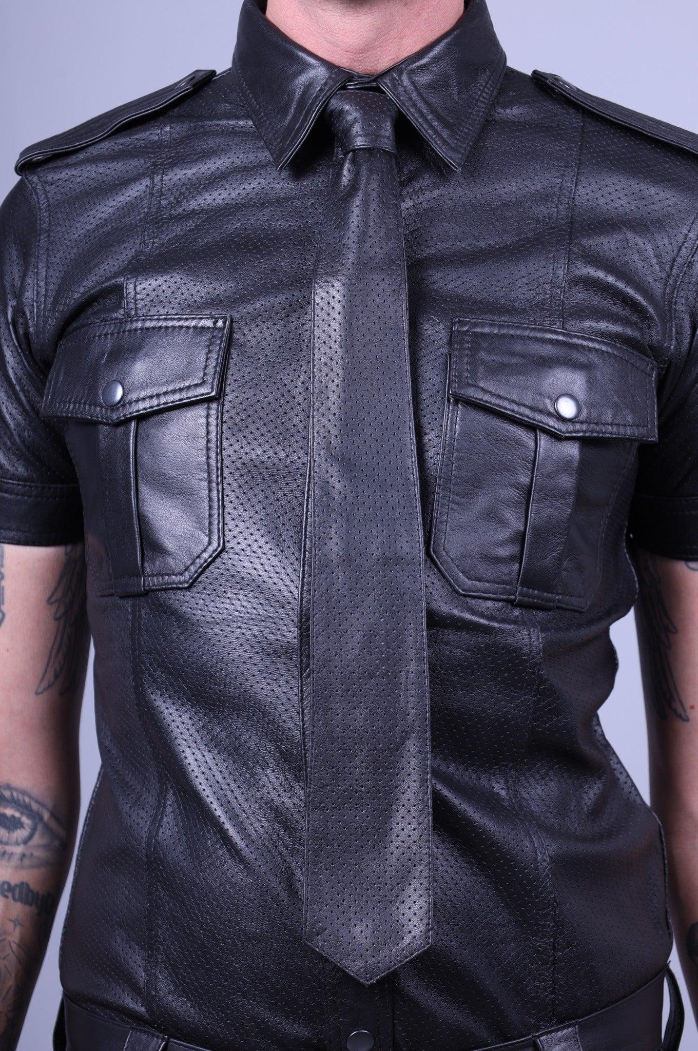 Black Leather Perforated Shirt at MR. Riegillio