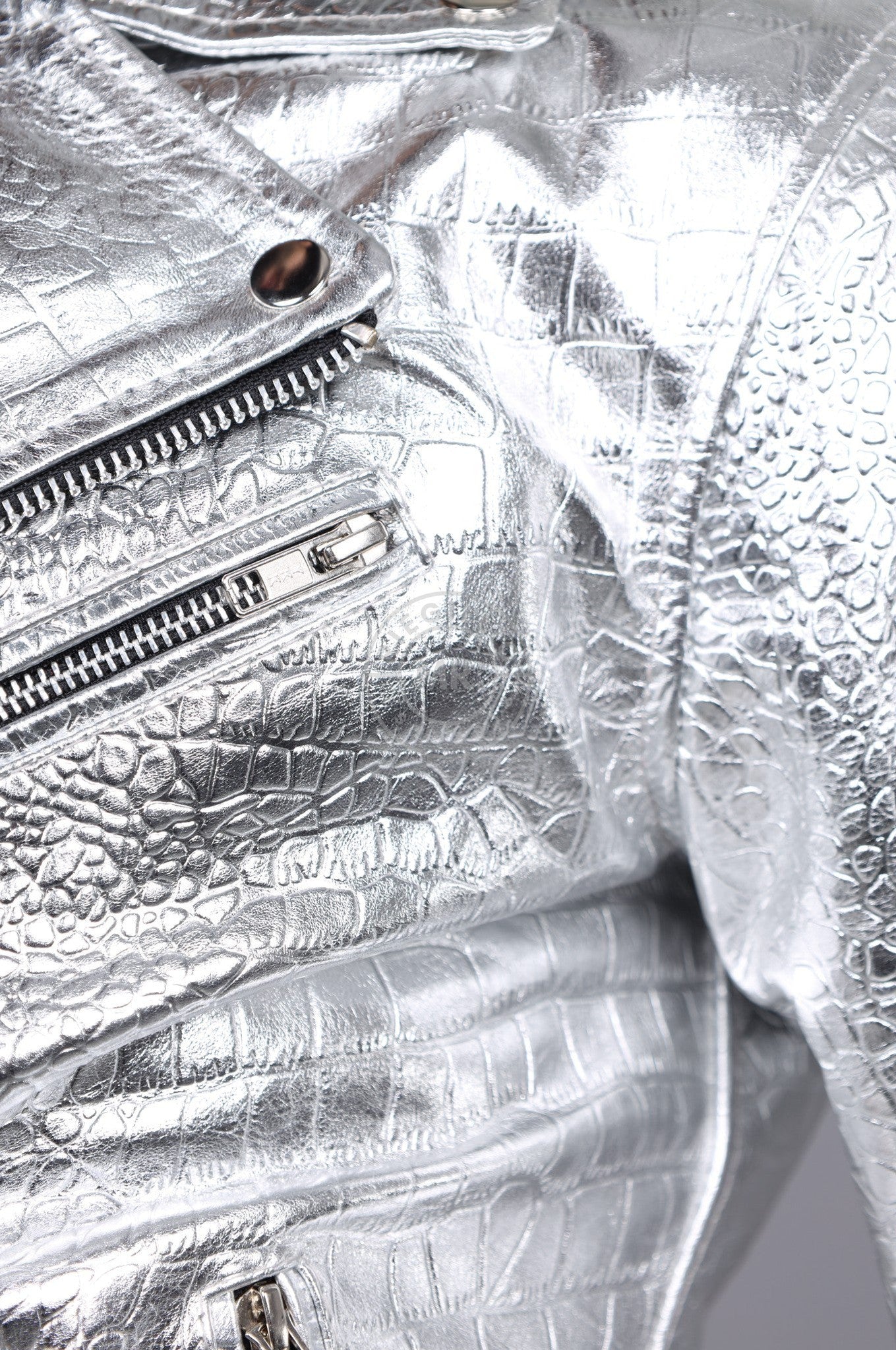 Metallic Leather Snake Biker Jacket - Silver at MR. Riegillio