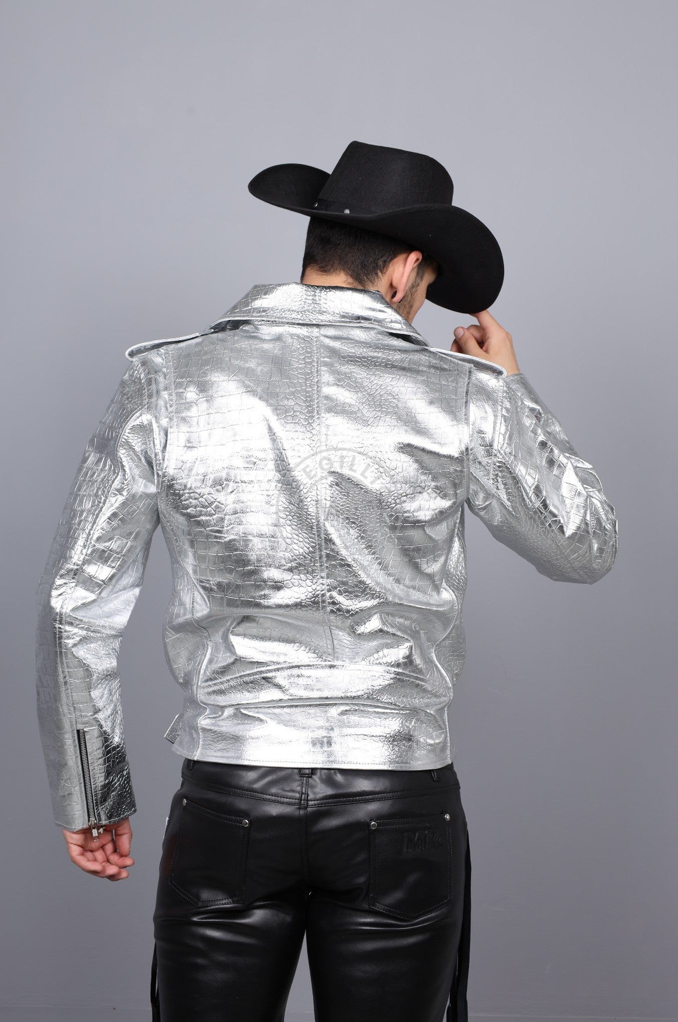 Metallic Leather Snake Biker Jacket - Silver at MR. Riegillio