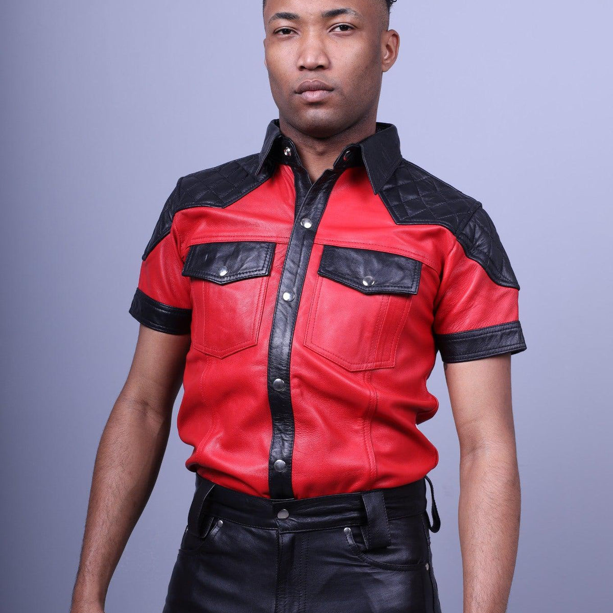 Red Leather Shirt with Black Padding by Mr. Riegillio S / Red